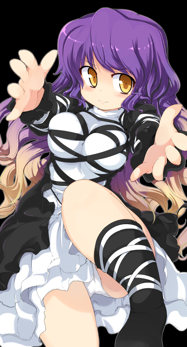 mamo williams, hijiri byakuren, touhou, 1girl, blonde hair, breasts, dress, female focus, gradient hair, large breasts, long hair, multicolored hair, outstretched arms, panties, purple hair, solo, underwear, yellow eyes