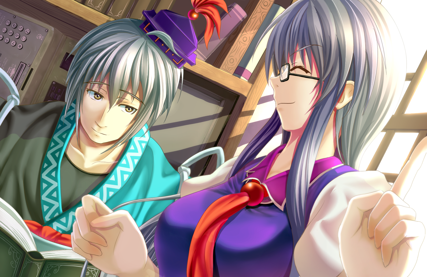 hinami (hinatamizu), kamishirasawa keine, morichika rinnosuke, touhou, silver hair, 1boy, 1girl, bespectacled, blue hair, book, couple, glasses, hat, hetero, japanese clothes, kourindou, long hair, short hair, yellow eyes