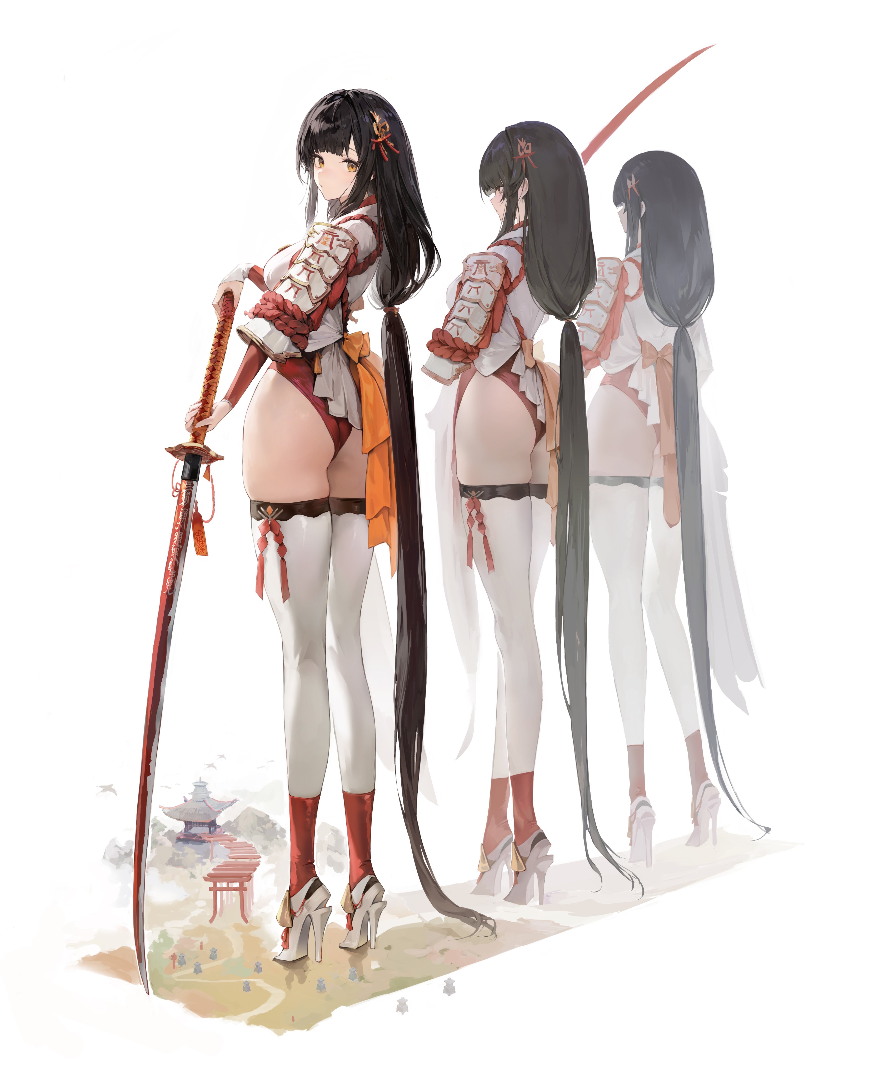 original, absurdres, commentary, highres, symbol-only commentary, 3girls, armor, ass, bird, black hair, breasts, full body, giant, giantess, hair ornament, high heels, highleg, holding, holding sword, holding weapon, japanese armor, katana, long hair, looking at viewer, looking back, low ponytail, medium breasts, multiple girls, multiple torii, orange eyes, pauldrons, ponytail, seungmu, shoes, shoulder armor, shrine, simple background, skindentation, sode, standing, sword, thighhighs, torii, very long hair, weapon, white background, white shoes, white thighhighs