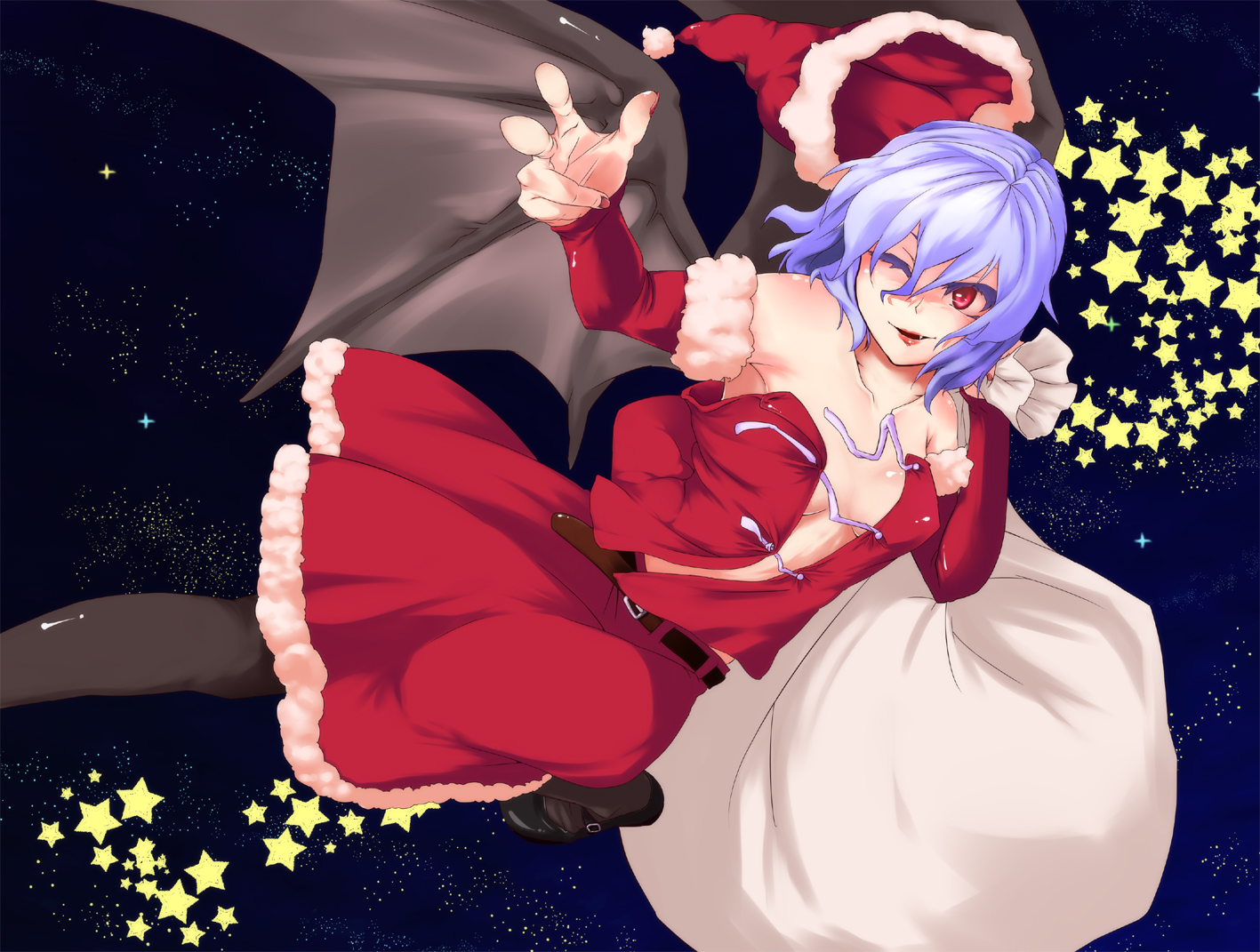 bahamucchi, remilia scarlet, touhou, bad id, bad pixiv id, 1girl, bat wings, belt, breasts, female focus, no bra, outdoors, pantyhose, santa costume, skirt, sky, solo, wings, wink