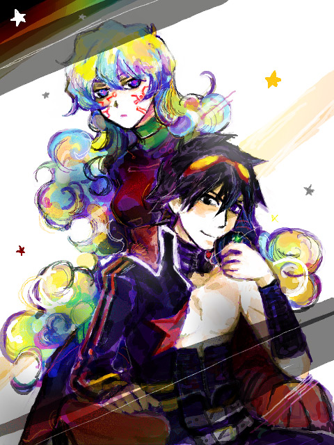 taira momen, antispiral nia, nia teppelin, simon (ttgl), tengen toppa gurren lagann, + +, 00s, 1boy, 1girl, belt, black eyes, blonde hair, blue eyes, blue hair, body markings, bodysuit, breasts, collarbone, couple, dark persona, expressionless, goggles, goggles on head, hetero, holding hands, jacket, jewelry, multicolored hair, ring, skin tight, smile, star (symbol), symbol-shaped pupils, tegaki