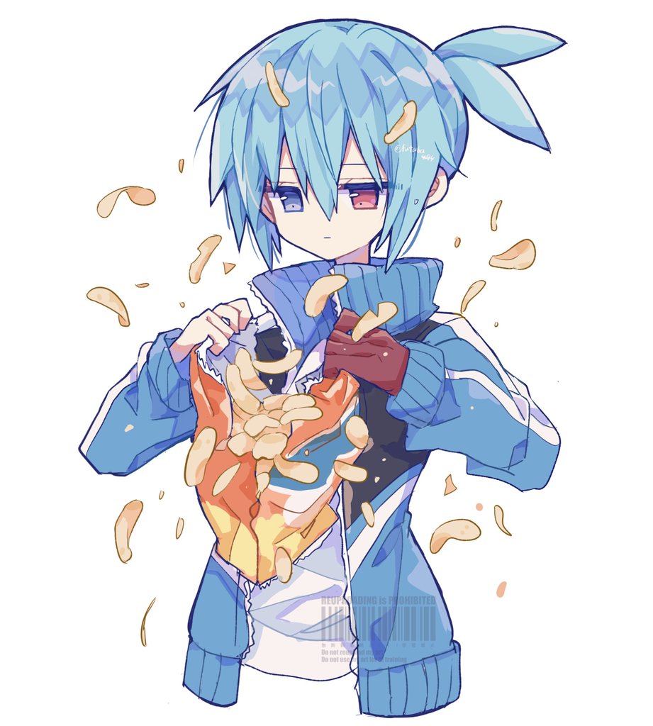 futaba969649, sig (puyopuyo), puyopuyo, commentary request, 1boy, aqua hair, bag of chips, blue jacket, chips (food), closed mouth, cropped torso, expressionless, food, hair between eyes, heterochromia, jacket, jitome, male focus, open clothes, open jacket, shirt, short hair, simple background, solo, white background, white shirt