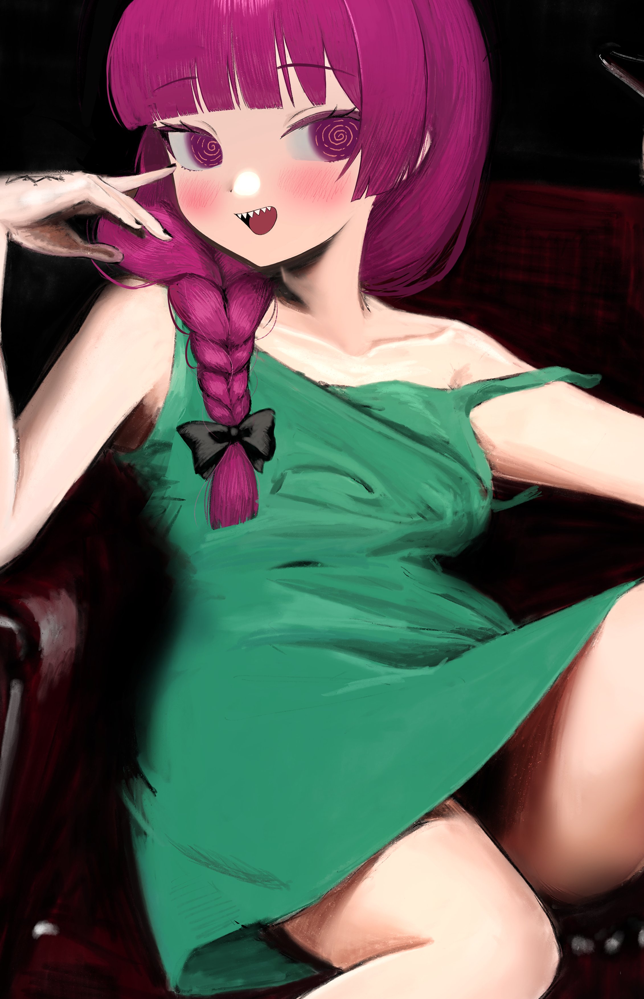 isago ganma, hiroi kikuri, bocchi the rock!, absurdres, hashtag-only commentary, highres, 1girl, @ @, blush, chair, collarbone, dress, green dress, hair over shoulder, hand on own face, looking to the side, no lineart, off shoulder, on chair, purple eyes, purple hair, sharp teeth, solo, spread legs, teeth, thighs