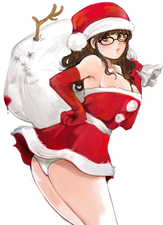 kazaana, original, 1girl, armpits, ass, blood, blush, breasts, brown eyes, brown hair, christmas, creepy, elbow gloves, female focus, glasses, gloves, hat, horror (theme), lips, panties, red gloves, santa costume, santa hat, simple background, solo, underwear, upskirt, white background