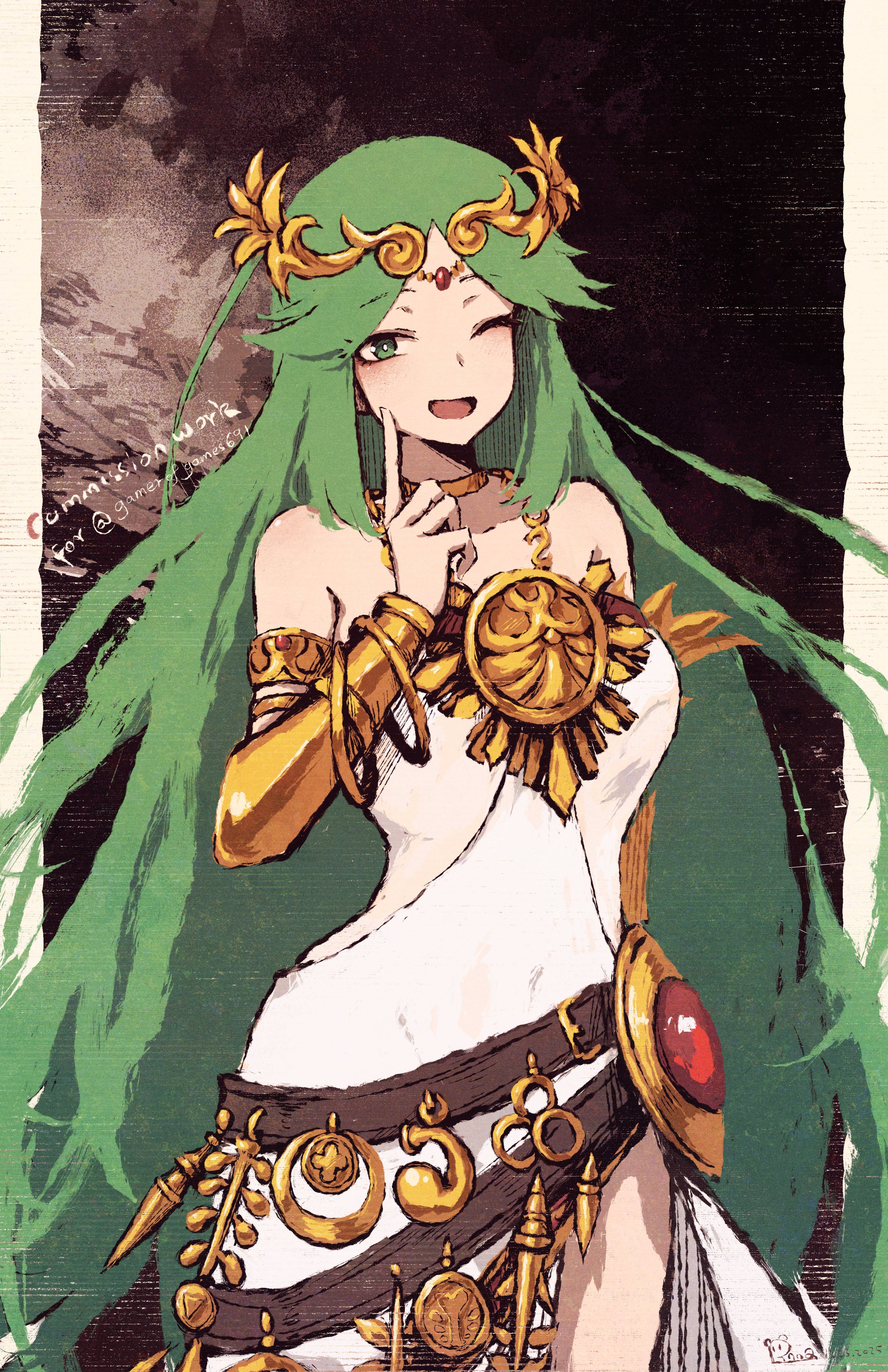 rnna, palutena, kid icarus, kid icarus uprising, nintendo, absurdres, commentary, commission, english commentary, highres, 1girl, chain, circlet, finger to own chin, gold chain, green eyes, green hair, long hair, looking at viewer, one eye closed, pillarboxed, signature, solo, very long hair