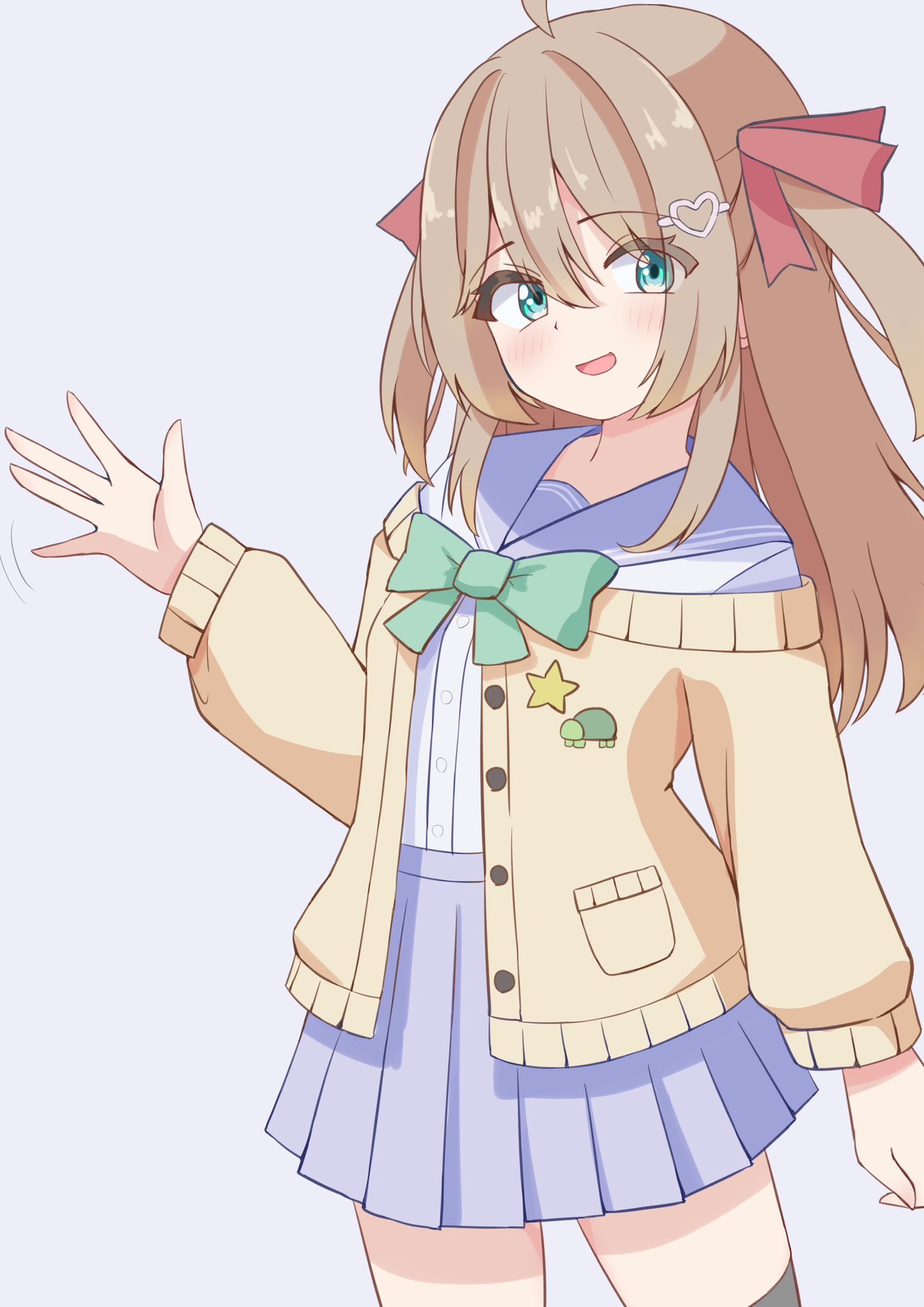 nora koutya, neuro-sama, vedal ai, hashtag-only commentary, highres, ahoge, aqua bow, aqua bowtie, badge, black thighhighs, blue eyes, blue sailor collar, blue skirt, bow, bowtie, brown hair, button badge, cardigan, cowboy shot, dress shirt, hair between eyes, hair ornament, hair ribbon, heart, heart hair ornament, long hair, long sleeves, miniskirt, open cardigan, open clothes, open mouth, pleated skirt, red ribbon, ribbon, sailor collar, shirt, shirt tucked in, simple background, skirt, solo, thighhighs, two side up, virtual youtuber, white background, white shirt, yellow cardigan