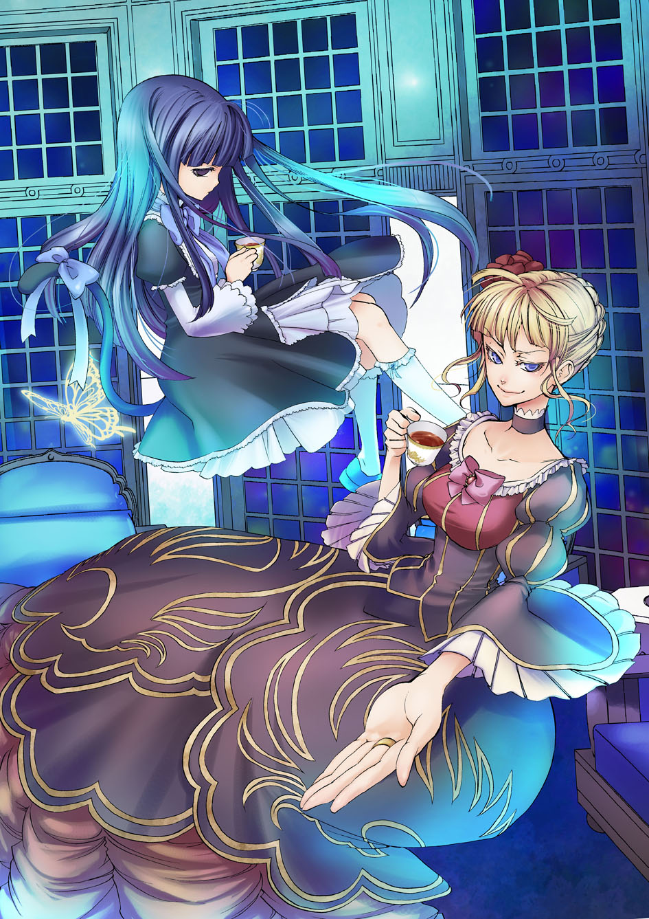 natsumi kei, beatrice (umineko), frederica bernkastel, umineko no naku koro ni, white legwear, highres, official art, 00s, blonde hair, blue hair, blunt bangs, bug, butterfly, cat tail, colored eyelashes, cup, dress, indoors, insect, kneehighs, lolita fashion, sitting, socks, tail, tea, teacup