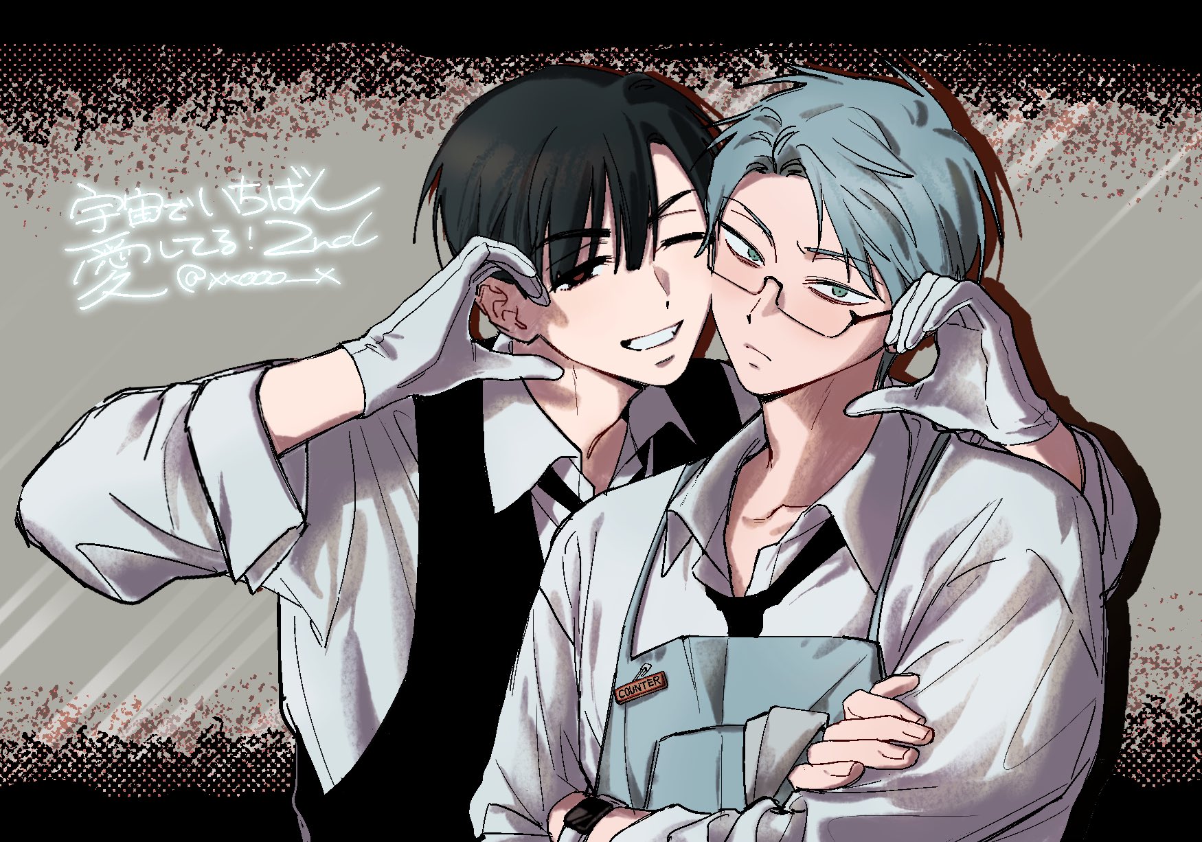 ivan (alien stage), till (alien stage), alien stage, commentary request, highres, 2boys, alien, apron, aqua hair, black-framed eyewear, black eyes, black hair, black necktie, cheek-to-cheek, collared shirt, crossed arms, glasses, gloves, green eyes, heads together, heart, heart hands, looking at viewer, male focus, multiple boys, necktie, one eye closed, red pupils, safety pin, shirt, watch, water, white gloves, xxooo x