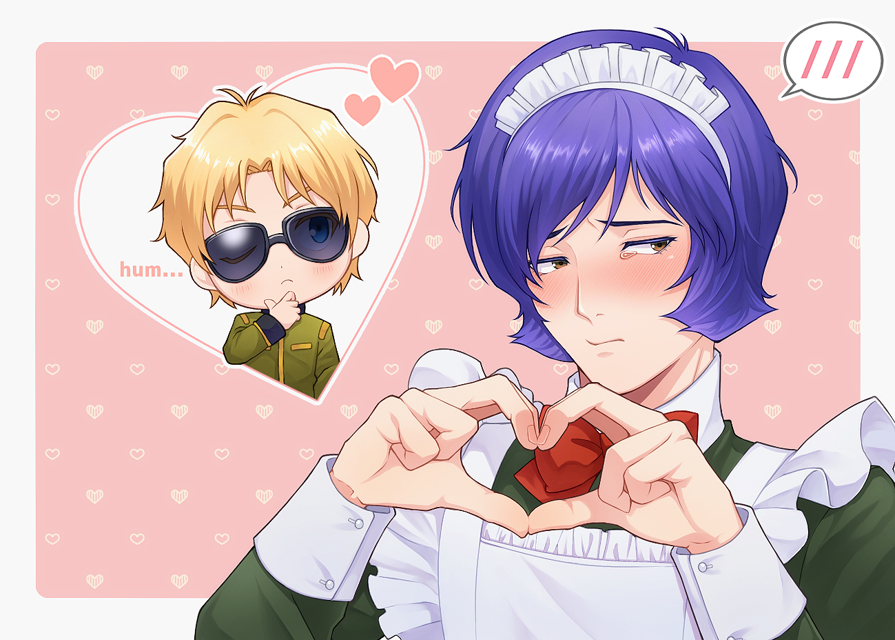 murakami (mrkm3103), char aznable, garma zabi, gundam, mobile suit gundam the origin, commentary request, 2boys, ;(, alternate costume, averting eyes, blonde hair, blue eyes, blush, border, bow, bowtie, brown eyes, collared dress, colored eyelashes, dress, embarrassed, enmaided, frown, greeen dress, green jacket, hand on own chin, heart, heart background, heart hands, jacket, long sleeves, maid, maid headdress, male focus, multiple boys, one eye closed, outside border, pink background, purple hair, red bow, red bowtie, short hair, spoken blush, sunglasses, tearing up, thinking, upper body, white border, yaoi