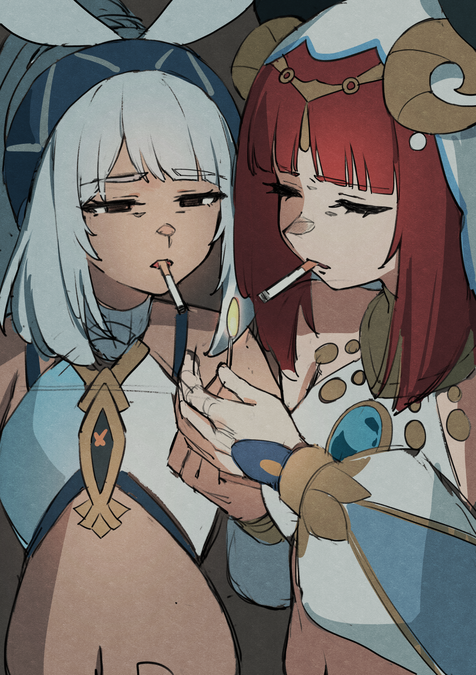 flasso, mualani (genshin impact), nilou (genshin impact), genshin impact, commentary request, highres, 2girls, bare shoulders, blue hair, cigarette, closed eyes, dark-skinned female, dark skin, fake horns, fire, hairband, harem outfit, horns, long hair, long sleeves, multiple girls, navel, red eyes