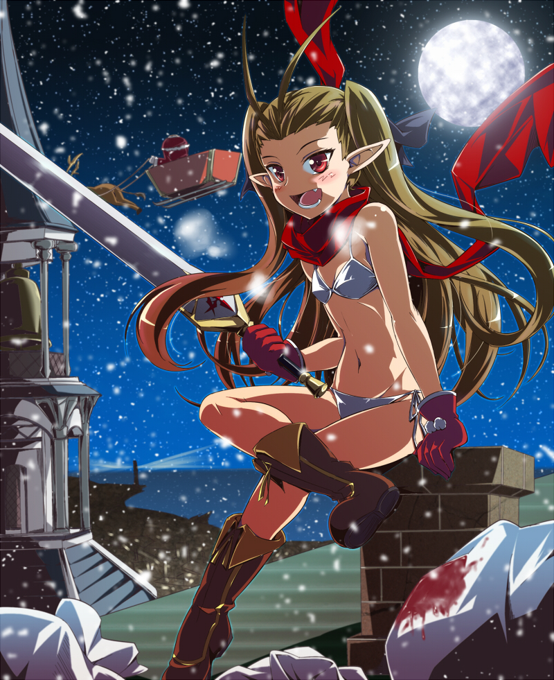 kimoto kanata, santa claus, original, bad id, bad pixiv id, 1girl, antenna hair, bikini, blood, boots, brown hair, chimney, christmas, fang, female focus, full moon, gloves, headless, long hair, moon, night, pointy ears, red eyes, red scarf, santa bikini, santa costume, scarf, snow, snowing, solo, swimsuit, sword, weapon, white bikini