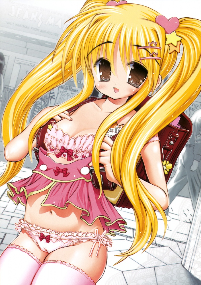 raidon, studio huan, fate testarossa, lyrical nanoha, mahou shoujo lyrical nanoha, 00s, bag, blonde hair, bra, breasts, cameltoe, cleavage, lingerie, loli, panties, school bag, thighhighs, twintails, underwear