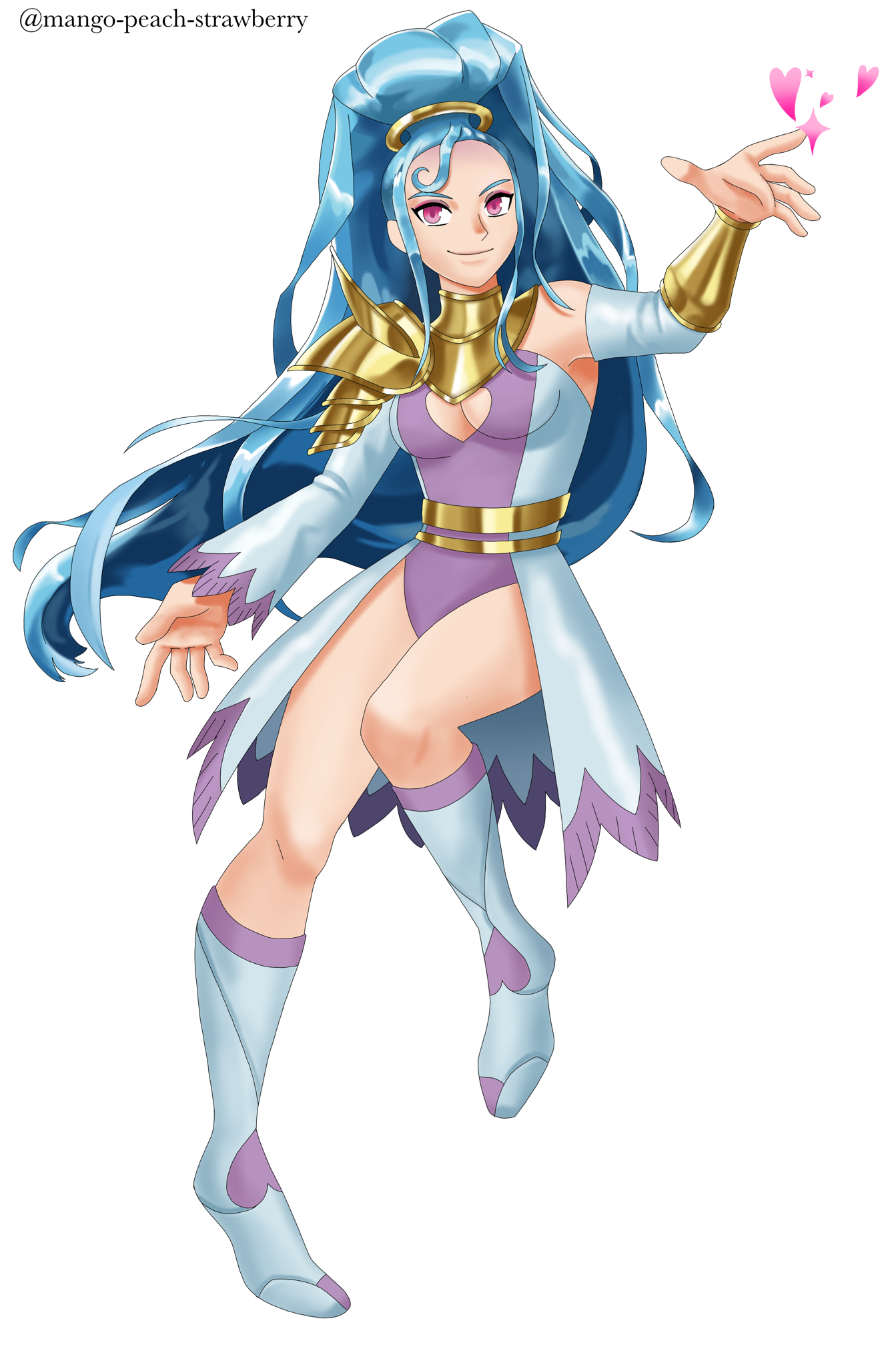mango-peach-strawberry, amazon pandora, pandora (kid icarus), kid icarus, kid icarus uprising, nintendo, commentary, english commentary, highres, 1girl, alternate costume, armor, blue hair, cleavage cutout, clothing cutout, detached sleeves, heart, long hair, pauldrons, pink eyes, shoulder armor, simple background, single detached sleeve, single pauldron, very long hair, white background
