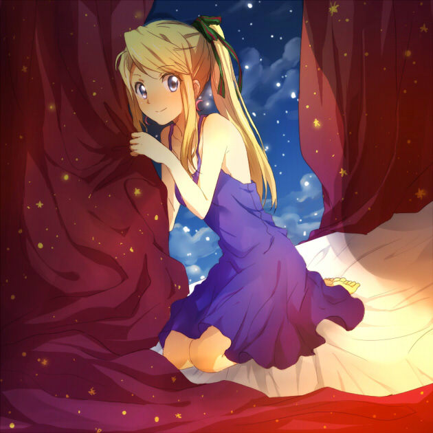 riru, winry rockbell, fullmetal alchemist, bad id, bad pixiv id, 00s, 1girl, bare shoulders, barefoot, blonde hair, blue eyes, blush, curtains, dress, female focus, kneeling, ponytail, solo