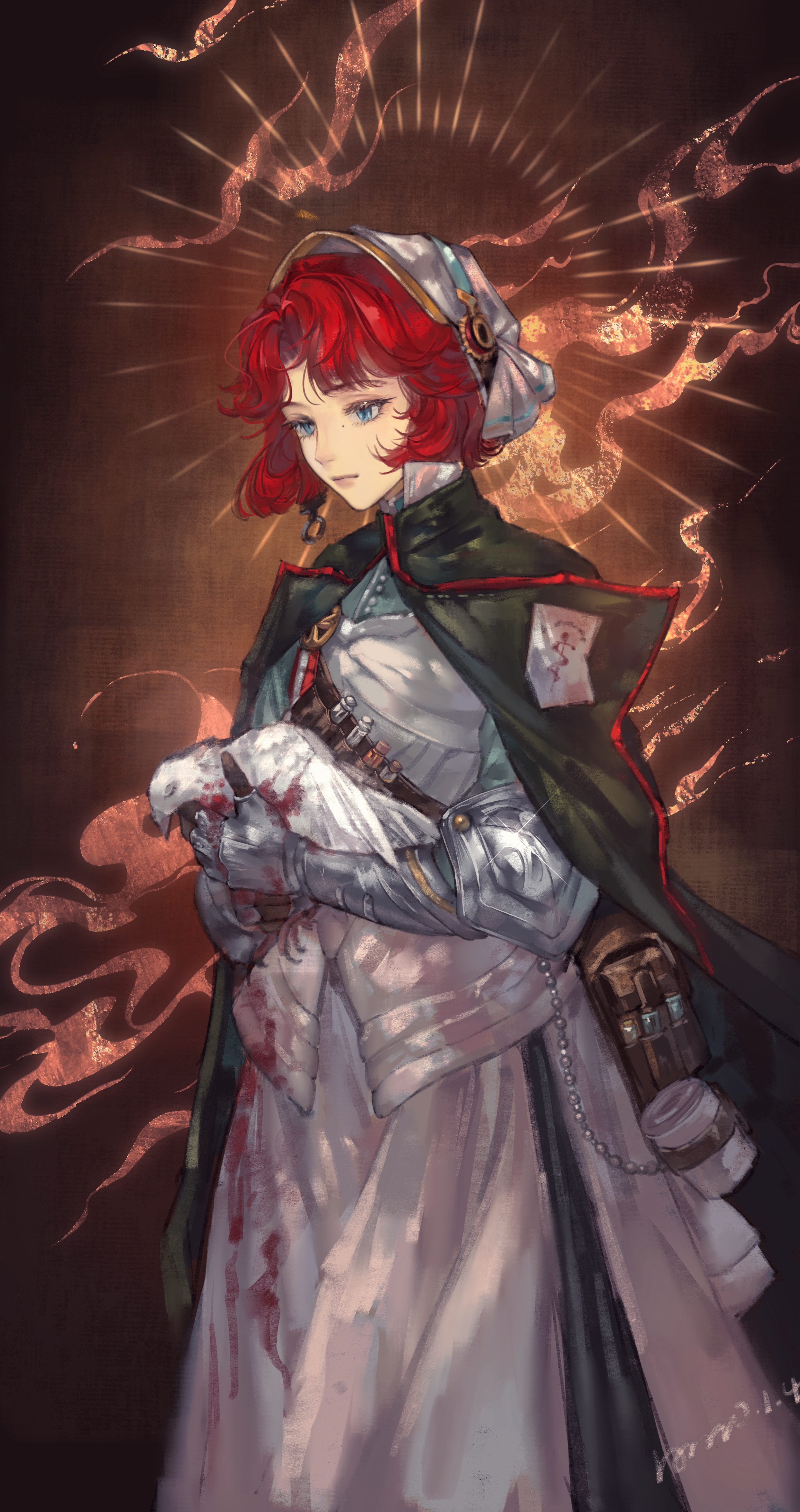 reverse:1999, absurdres, chinese commentary, commentary request, highres, 1girl, animal, bird, blood, blood on clothes, blue eyes, blue shirt, brown background, cape, cowboy shot, dove, gauntlets, green cape, hat, holding, holding animal, long skirt, marsha (reverse:1999), mole, mole under eye, red hair, shaoshaor, shirt, short hair, skirt, solo, white bird, white hat, white skirt