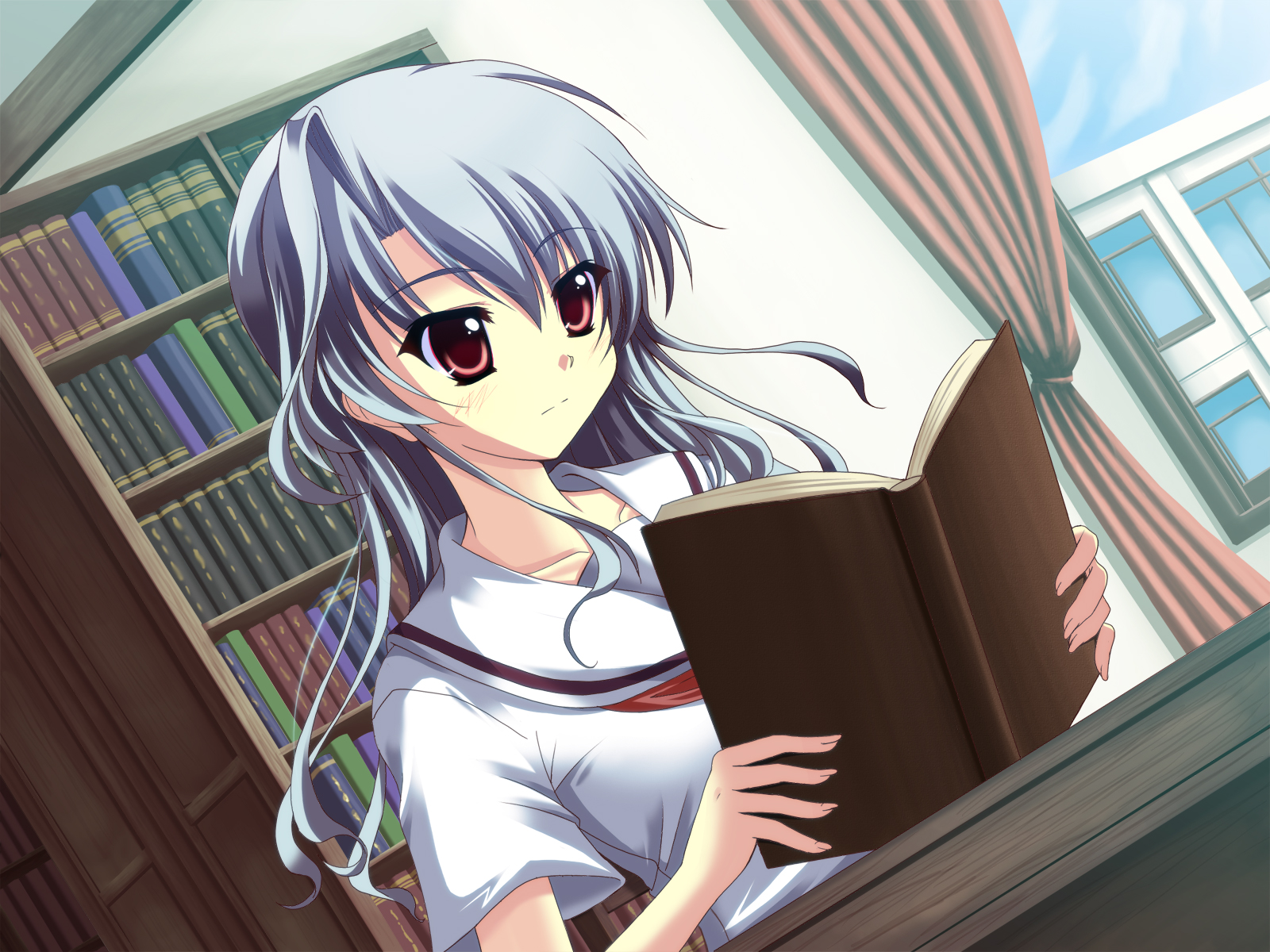a flow, original, bad id, bad pixiv id, highres, 1girl, blue hair, book, bookshelf, female focus, indoors, library, open book, reading, red eyes, school uniform, sky, solo, window