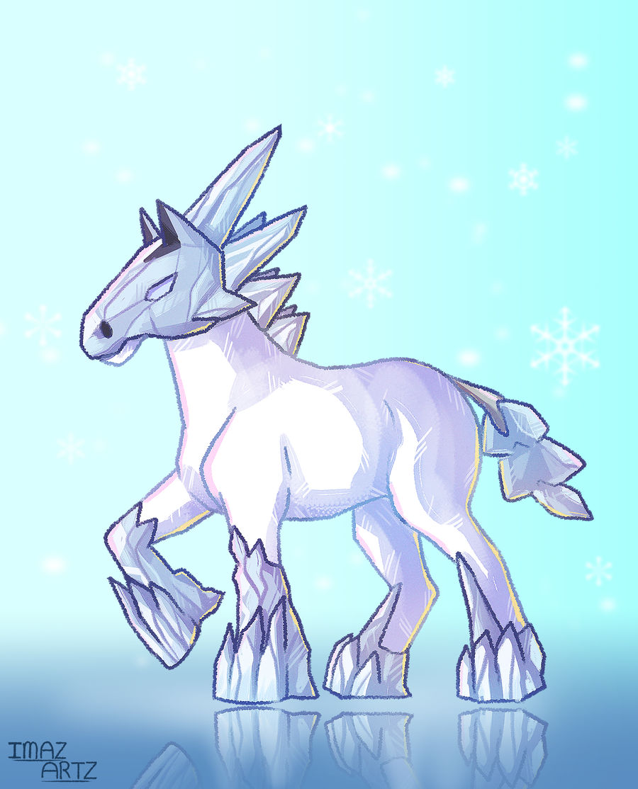 imazartz, glastrier, nintendo, pokemon, commentary, english commentary, animal focus, artist name, closed mouth, from side, full body, horse, ice, no humans, pokemon (creature), pokemon focus, reflective floor, solo