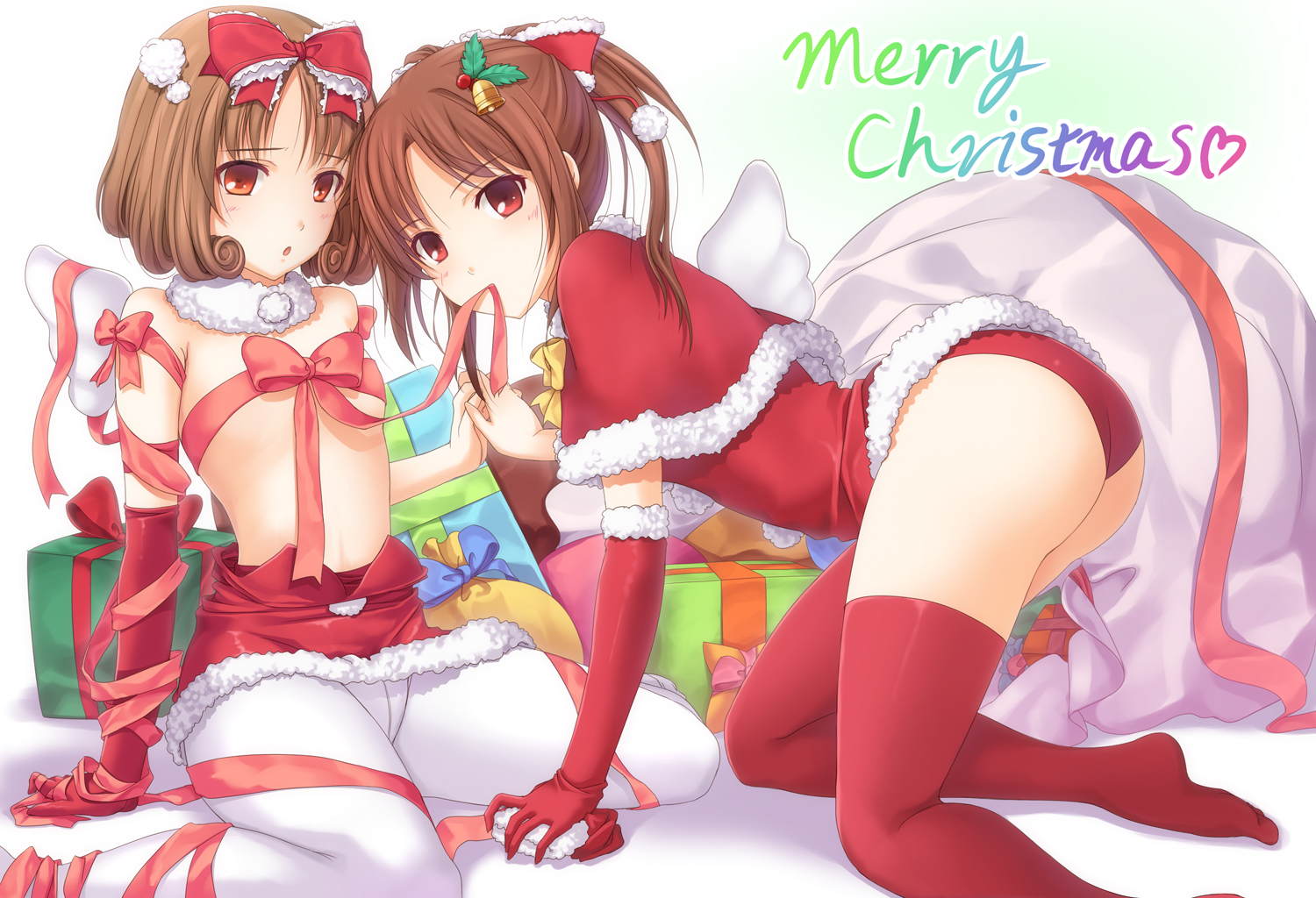 chobipero, original, red legwear, 2girls, all fours, arm support, ass, bow, brown eyes, brown hair, christmas, crotch seam, curly hair, elbow gloves, english text, flat chest, gloves, hair bow, hair ornament, holding hands, interlocked fingers, looking at viewer, mouth hold, multiple girls, naked ribbon, navel, open mouth, panties, panties under pantyhose, pantyhose, ponytail, red eyes, red gloves, ribbon, ribbon in mouth, santa costume, sitting, thighhighs, topless female, underwear, white pantyhose, wings