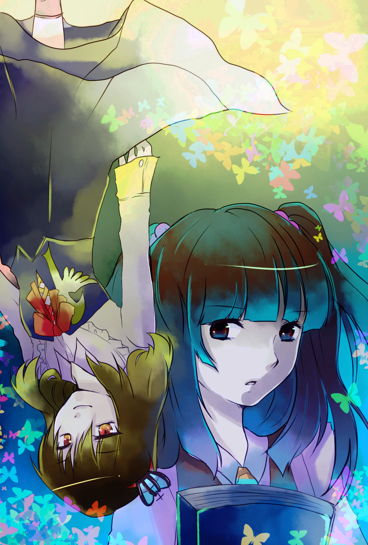 rimako, ushiromiya ange, ushiromiya maria, umineko no naku koro ni, bad id, bad pixiv id, highres, 00s, 2girls, blue eyes, book, bug, butterfly, crown, dress, hair bobbles, hair ornament, multiple girls, orange hair, red hair, upside-down, yellow eyes