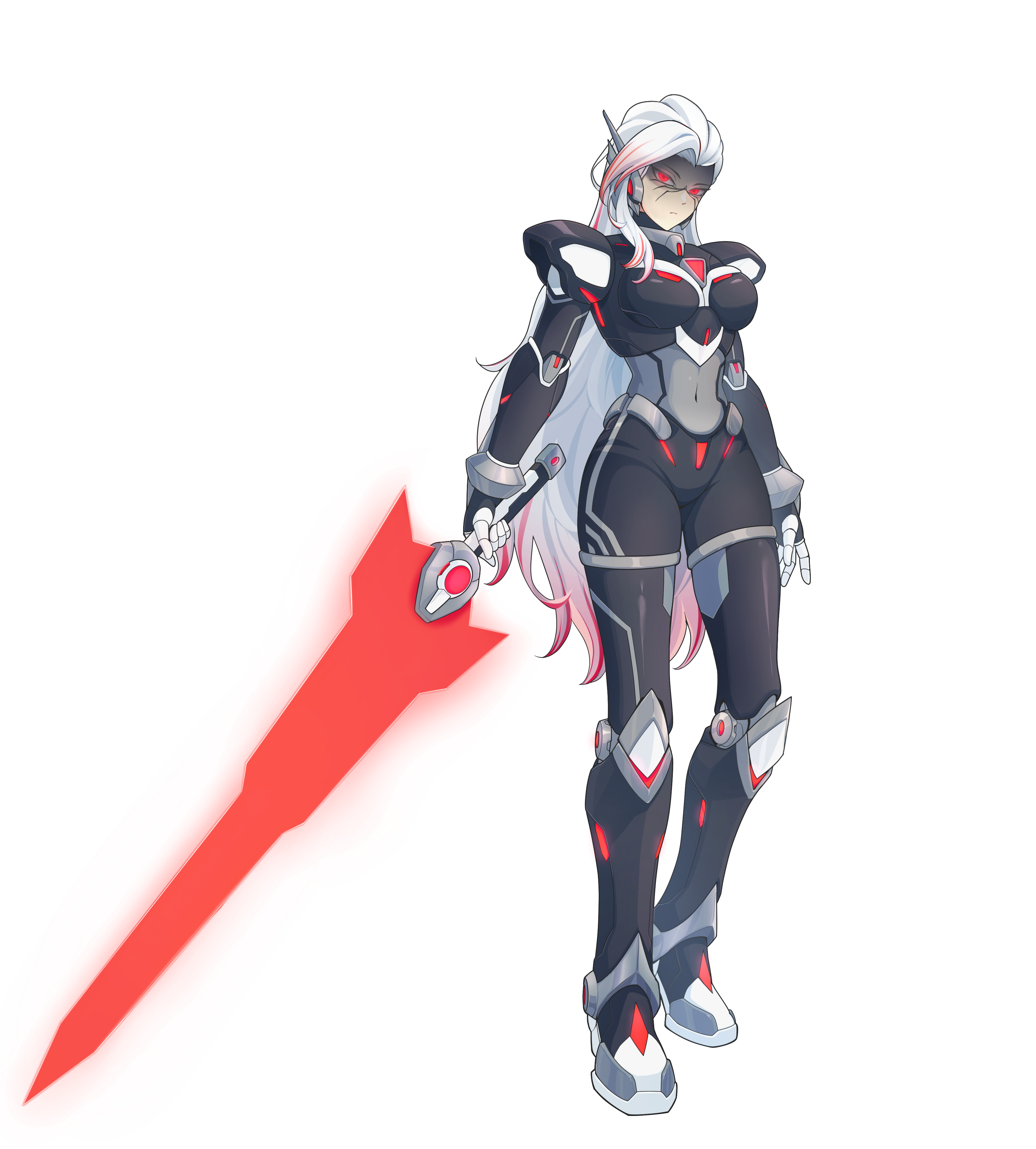 uta guipiy, mega man (series), mega man x2, mega man x (series), absurdres, commission, commissioner upload, highres, non-web source, 1girl, adapted costume, alternate costume, armor, armored boots, body armor, bodystocking, boots, breasts, chest jewel, covered navel, energy sword, facial mark, fake zero (mega man), forehead jewel, full body, gauntlets, genderswap, genderswap (mtf), holding, holding sword, holding weapon, knee armor, knee boots, mature female, mechanical ears, medium breasts, multicolored hair, no headwear, red eyes, red streaks, shaded face, shorts, shoulder armor, solo, streaked hair, sword, thighs, transparent background, two-tone hair, wavy hair, weapon, white hair