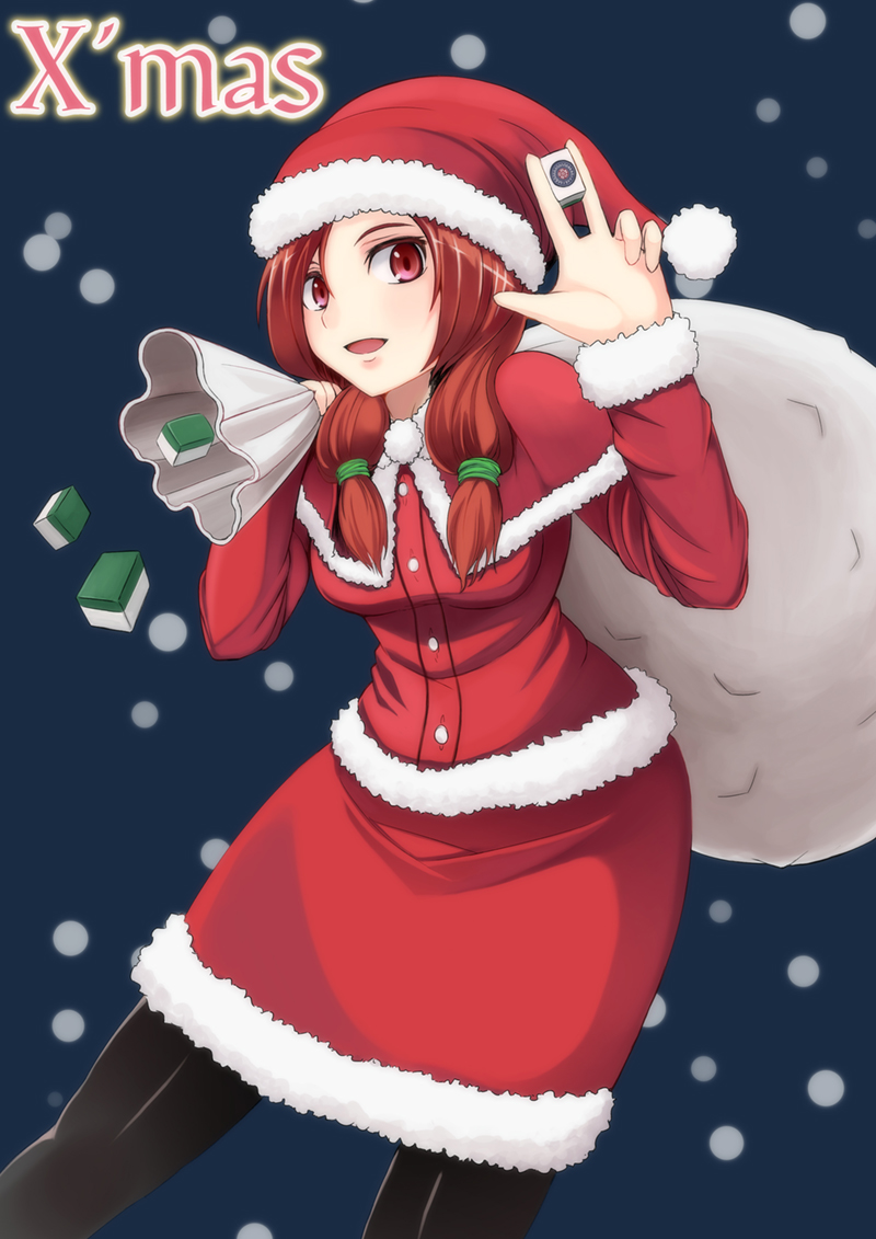 coupe50, takei hisa, saki (manga), 00s, 1girl, alternate costume, bag, board game, brown eyes, brown hair, christmas, female focus, holding, holding mahjong tile, latex, mahjong, mahjong tile, pantyhose, sack, santa costume, snow, solo