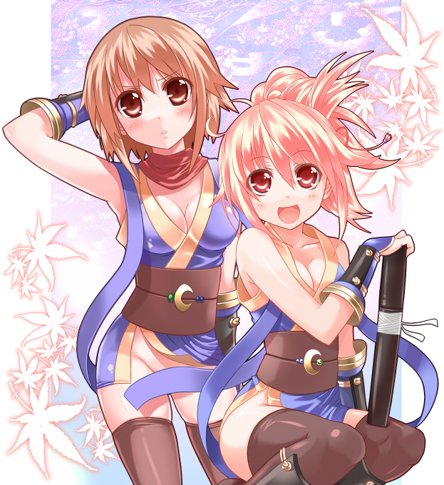 chibi (nekomimimi), nekomimimi, ninja (ragnarok online), ragnarok online, bad id, bad pixiv id, 2girls, black thighhighs, blonde hair, breasts, brown eyes, brown hair, censored, cleavage, convenient censoring, large breasts, multiple girls, ninja, no panties, sword, thighhighs, weapon