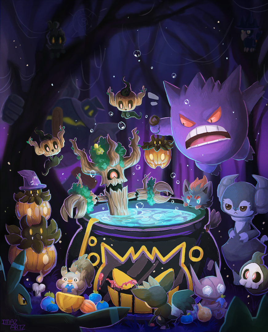 imazartz, dusknoir, duskull, gengar, golurk, grafaiai, indeedee, indeedee (male), marshadow, murkrow, phantump, pumpkaboo, sableye, skwovet, smoliv, trevenant, umbreon, zorua, nintendo, pokemon, commentary, english commentary, :<, alternate color, aqua eyes, artist name, bare tree, berry (pokemon), bright pupils, brown eyes, bubble, candle, cauldron, closed mouth, clothed pokemon, eating, fangs, figy berry, fire, floating, food, fruit, gen 1 pokemon, gen 2 pokemon, gen 3 pokemon, gen 4 pokemon, gen 5 pokemon, gen 6 pokemon, gen 7 pokemon, gen 8 pokemon, hat, holding, holding food, holding fruit, in cauldron, in tree, legendary pokemon, mythical pokemon, night, occa berry, one-eyed, open mouth, oran berry, outdoors, paint, painting (action), pokemon (creature), pokemon focus, purple hat, shiny pokemon, silk, sitting, spider web, teeth, tooth, tree, v-shaped eyes, water, white pupils, witch hat