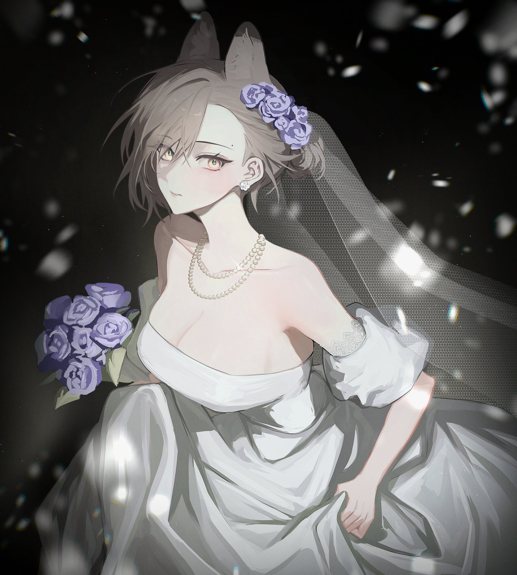 gae tteok00, penance (arknights), arknights, highres, 1girl, alternate costume, animal ear fluff, animal ears, bare shoulders, bouquet, breasts, bridal veil, cleavage, collarbone, dress, earrings, feet out of frame, flower, hair bun, hair ornament, hair over one eye, hair up, holding, holding bouquet, jewelry, large breasts, looking at viewer, necklace, parted lips, pearl earrings, pearl necklace, short hair, sleeveless, sleeveless dress, solo, strapless, strapless dress, tail, veil, wedding dress, white dress, wolf ears, wolf girl, wolf tail, yellow eyes