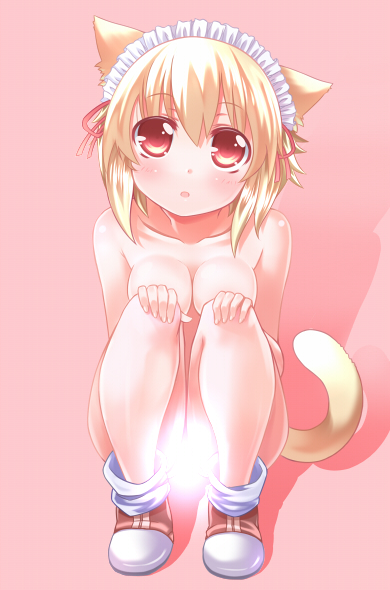 chibi (nekomimimi), nekomimimi, original, bad id, bad pixiv id, 1girl, animal ears, blonde hair, censored, female focus, nude, red eyes, solo, squatting, tail