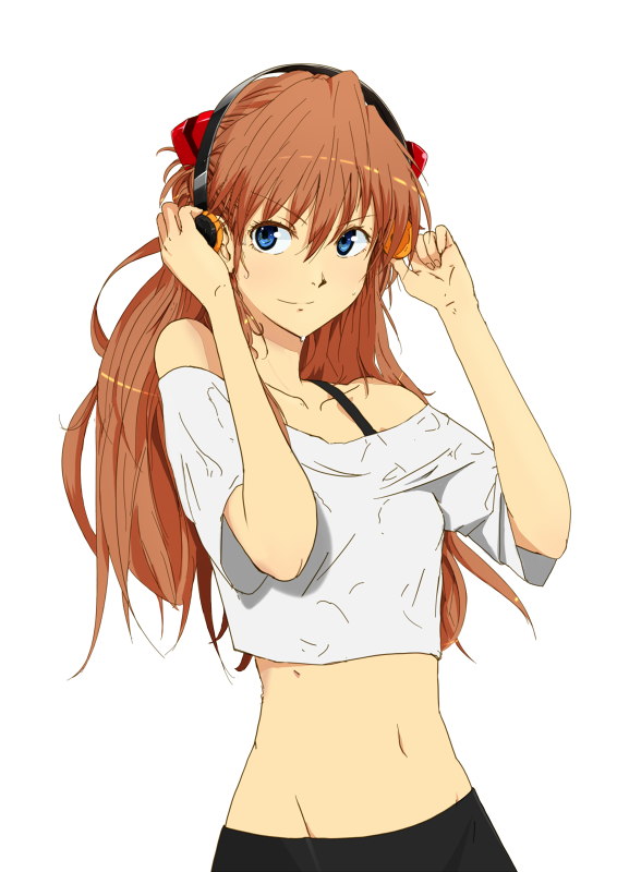 yammy (artist), yammy (cellblo), souryuu asuka langley, neon genesis evangelion, 1girl, bare shoulders, blue eyes, crop top, female focus, headphones, long hair, midriff, navel, orange hair, red hair, simple background, smile, solo, sweat