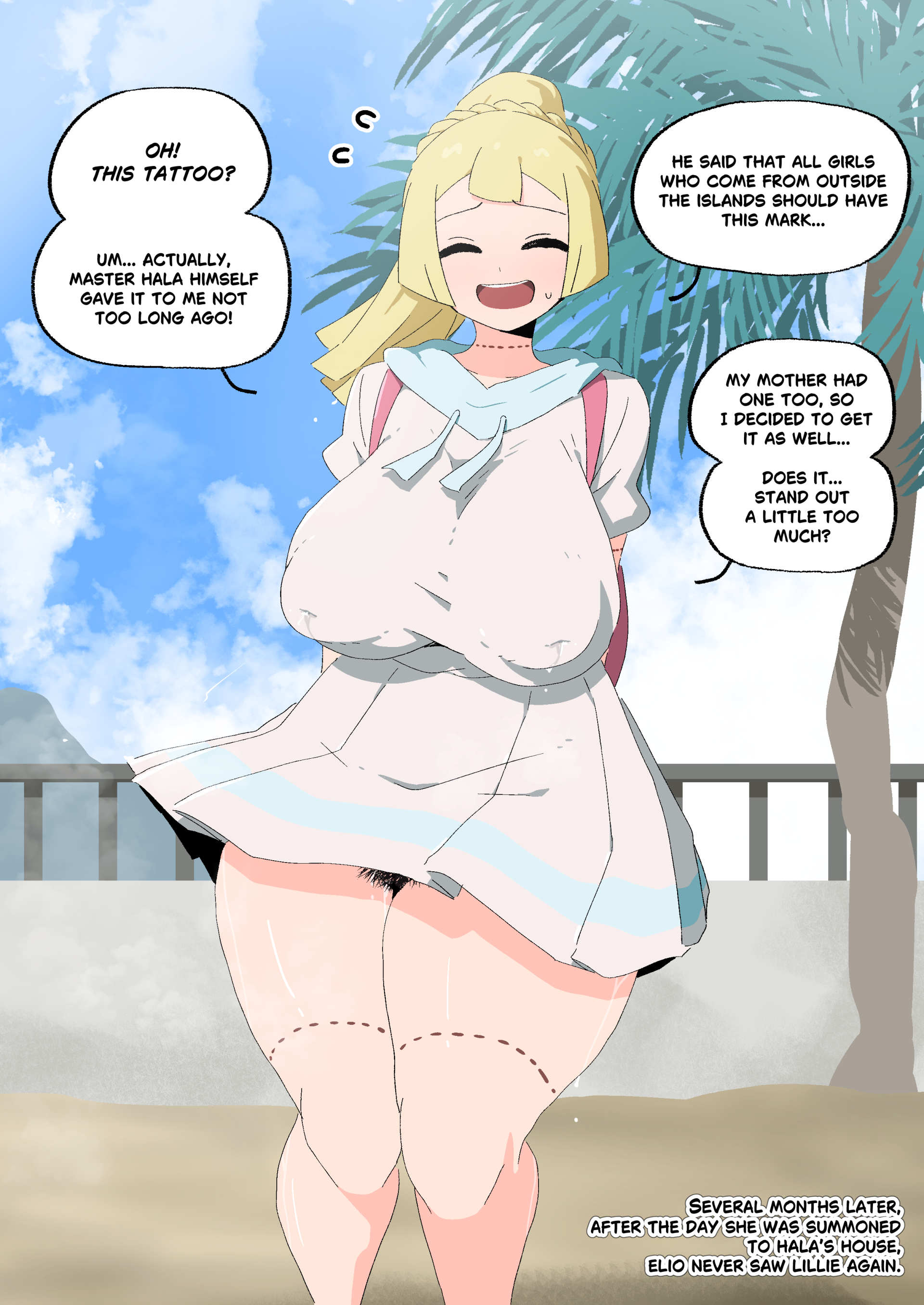 woomochi, lillie (pokemon), nintendo, pokemon, pokemon sm, absurdres, commentary, english commentary, highres, 1girl, alternate breast size (larger), black pubic hair, blonde hair, blue sky, breasts, closed eyes, covered erect nipples, cut-here line, day, dress, english text, female pubic hair, large breasts, leg tattoo, long hair, neck tattoo, open mouth, outdoors, pubic hair, pubic hair peek, sky, solo, speech bubble, tattoo, tree, white dress
