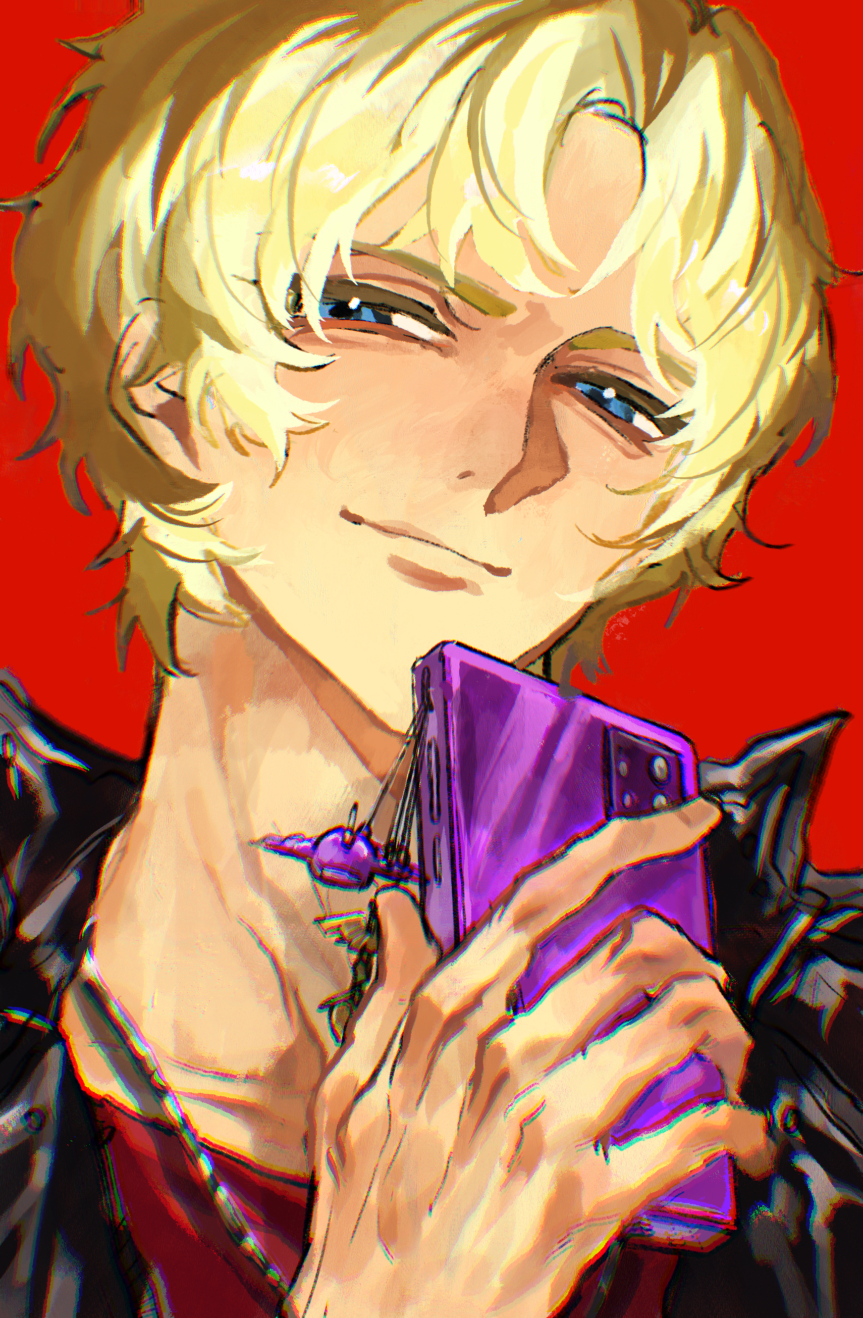 char aznable, gundam, mobile suit gundam, absurdres, commentary, highres, 1boy, alternate costume, black jacket, blonde hair, blue eyes, cellphone, cellphone charm, charm (object), chromatic aberration, closed mouth, colored eyelashes, holding, holding phone, jacket, jewelry, looking at viewer, male focus, necklace, phone, raccoooon 1, red background, red shirt, shirt, short hair, simple background, smartphone, smile, solo, upper body