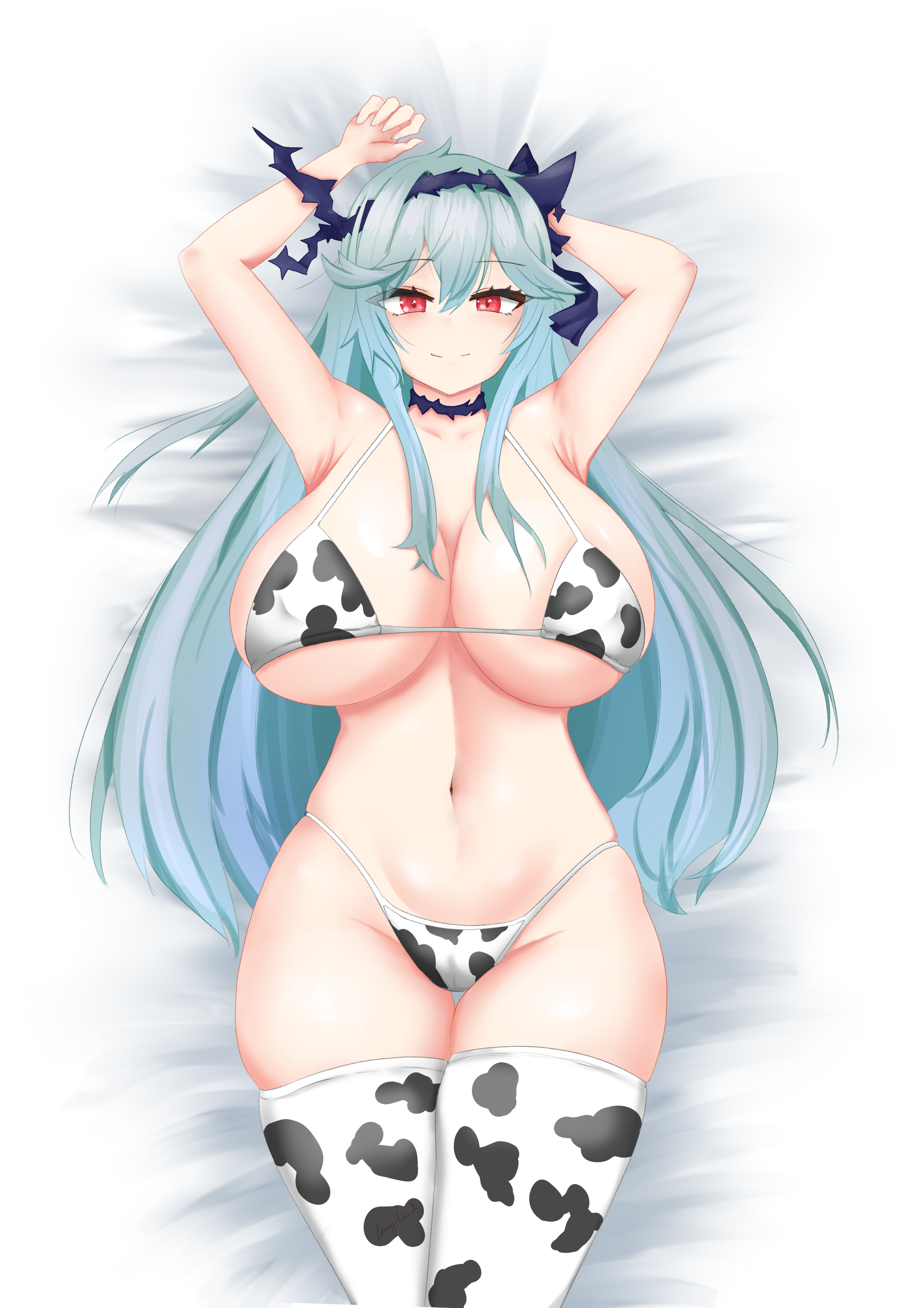 chaos aurora (grimms notes), grimms notes, absurdres, bad id, bad pixiv id, highres, 1girl, animal print, aqua hair, bikini, breasts, closed mouth, collarbone, cow print, cow print bikini, cowboy shot, curvy, huge breasts, lammylamd, long hair, looking at viewer, navel, on bed, print bikini, red eyes, smile, solo, swimsuit