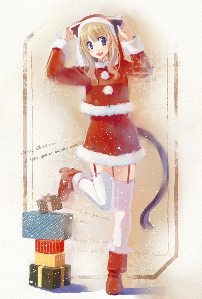 naruse chisato, original, animal ears, blonde hair, blue eyes, cat ears, cat tail, garter belt, garter straps, gift, hat, long hair, santa costume, santa hat, snow, solo, tail, thighhighs, zettai ryouiki