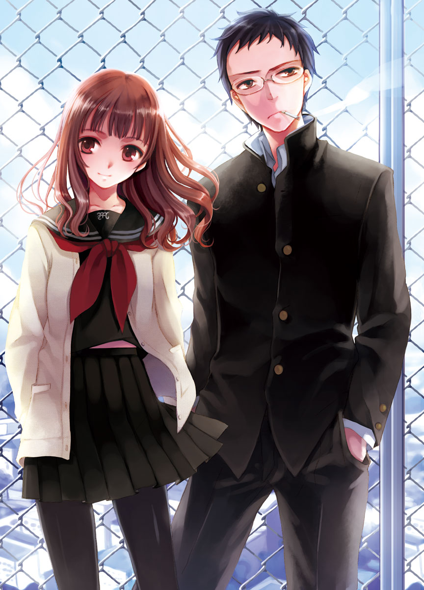 matsuzaki miyuki, original, highres, 1boy, 1girl, black hair, brown eyes, brown hair, chain-link fence, cigarette, fence, glasses, pantyhose, school uniform, serafuku, skirt, smile, smoking