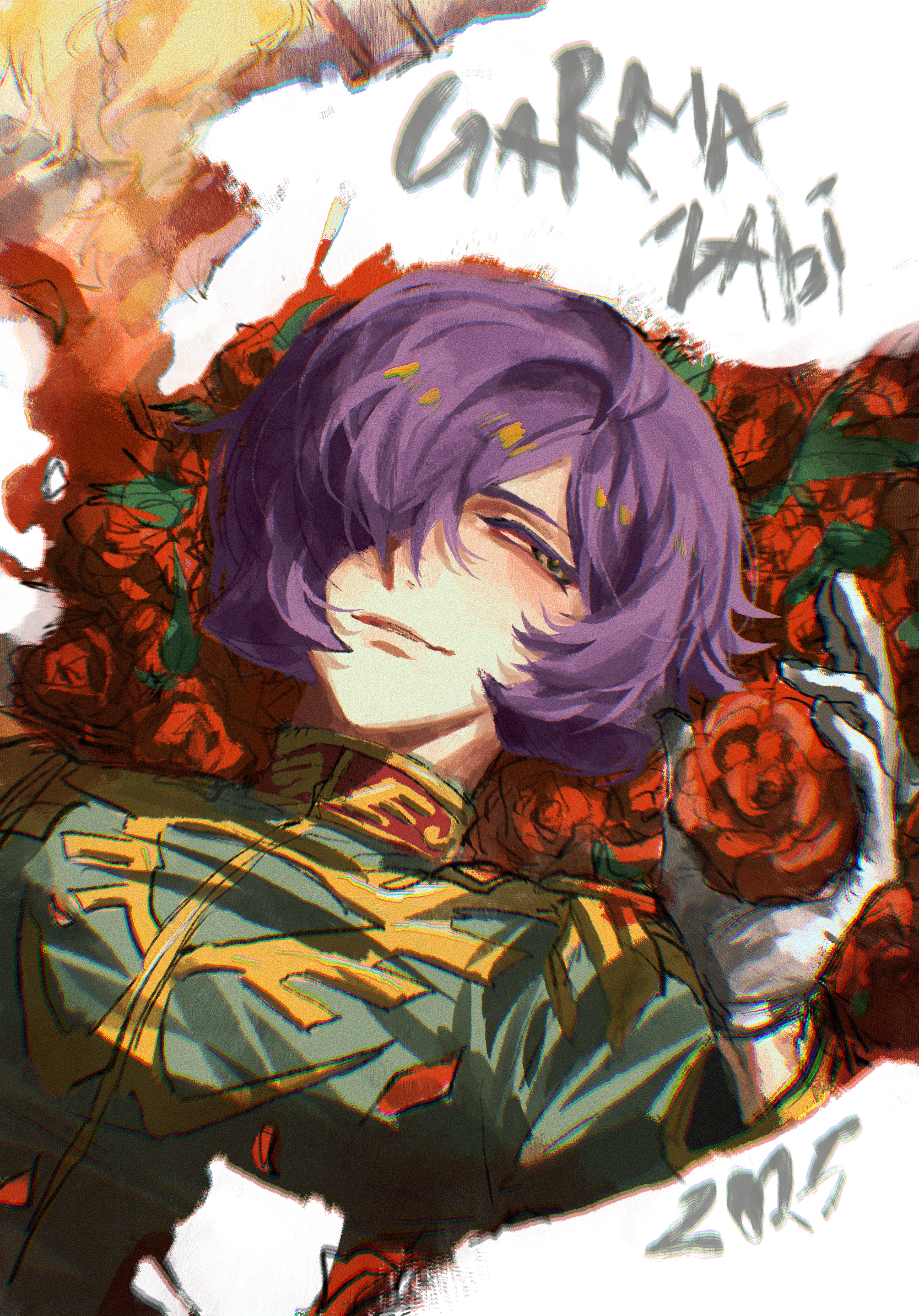 garma zabi, gundam, mobile suit gundam, commentary, highres, 1boy, 2025, character name, chromatic aberration, epaulettes, film grain, flower, flower bed, gloves, green jacket, grey eyes, hair over one eye, hand up, high collar, holding, holding flower, jacket, looking at viewer, lying, male focus, military uniform, on back, parted lips, petals, purple hair, raccoooon 1, red flower, red rose, rose, rose petals, short hair, smile, smoke, solo, upper body, white gloves