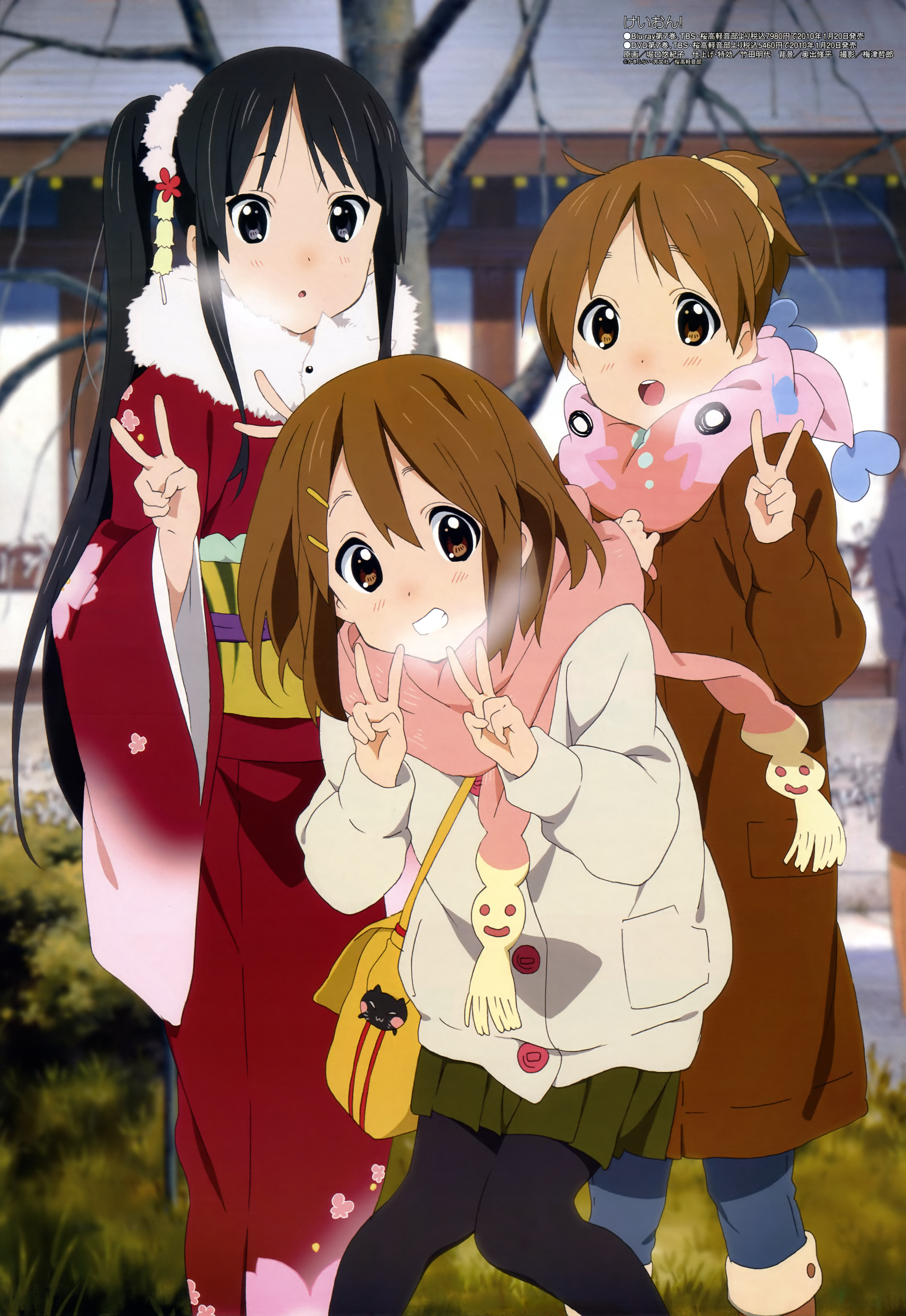 horiguchi yukiko, akiyama mio, hirasawa ui, hirasawa yui, k-on!, megami magazine, absurdres, highres, official art, scan, 00s, 3girls, black eyes, black hair, blunt bangs, breath, brown eyes, brown hair, coat, cold, hair ornament, hime cut, japanese clothes, kanzashi, kimono, long hair, multiple girls, new year, open mouth, pantyhose, ponytail, round teeth, scarf, short hair, teeth, tsumami kanzashi, v, very long hair, winter clothes, yukata