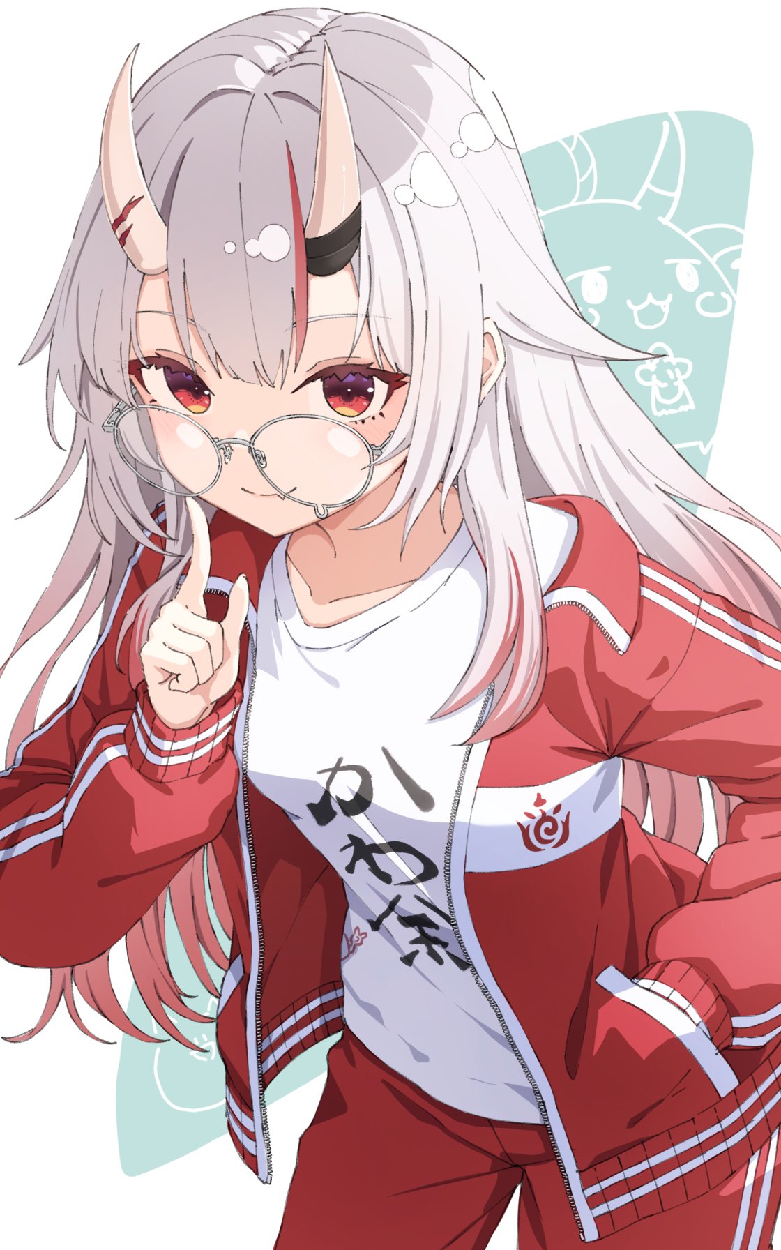 ryuga (balius), nakiri ayame, hololive, hashtag-only commentary, highres, 1girl, breasts, glasses, grey hair, jacket, medium breasts, pants, red eyes, red jacket, red pants, shirt, solo, track jacket, track pants, white shirt