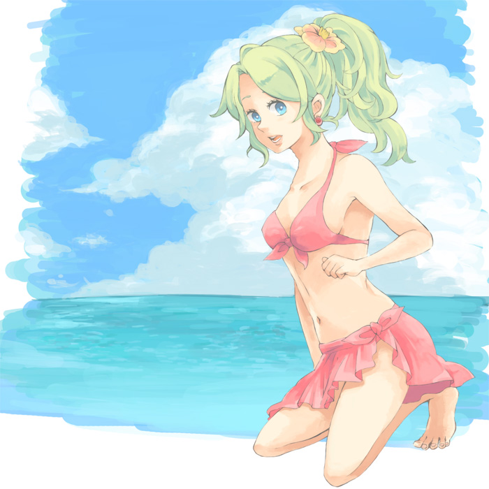 totemonemui, tina branford, final fantasy, final fantasy vi, 1990s (style), 1girl, bare shoulders, barefoot, beach, bikini, blue eyes, cloud, earrings, feet, female focus, full body, green hair, jewelry, long hair, miniskirt, navel, outdoors, ponytail, skirt, sky, solo, swimsuit, water