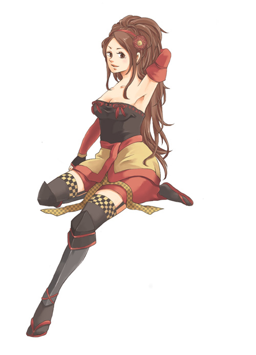 totemonemui, kai (sengoku musou), sengoku musou, sengoku musou 3, 1girl, armpits, arms up, breasts, brown eyes, brown hair, cleavage, female focus, full body, hairband, long hair, sandals, simple background, solo, thighhighs, white background
