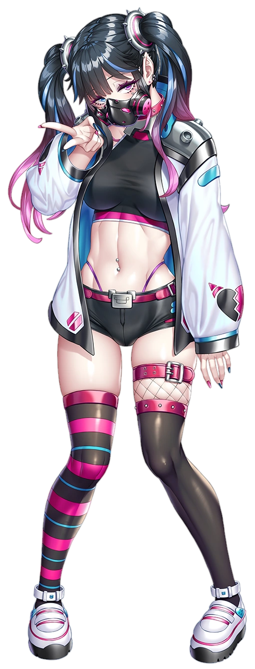 nobushito kuro, perit, lilith-soft, taimanin (series), taimanin rpgx, highres, 1girl, adjusting clothes, aqua eyes, black hair, black shorts, breasts, demon girl, ear piercing, fingernails, full body, gas mask, hetero, heterochromia, highleg, highleg panties, jacket, mask, medium breasts, micro shorts, multicolored hair, navel, navel piercing, no bra, panties, piercing, pointy ears, purple eyes, shiny skin, short hair, shorts, simple background, solo, standing, striped clothes, striped thighhighs, thighhighs, thong, transparent background, twintails, two-tone hair, underwear, v, white jacket