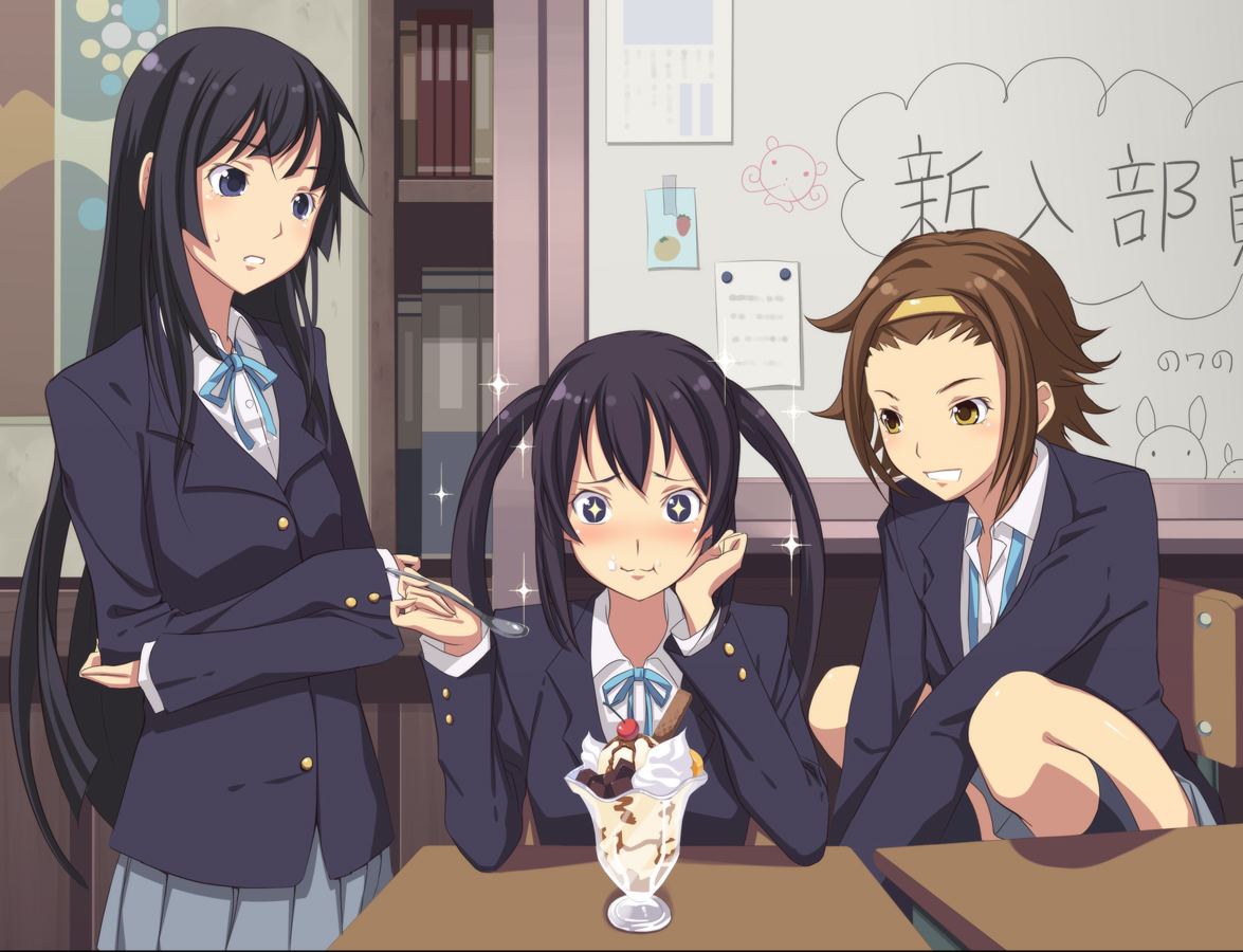 yuuhi, yuuhi (ages), akiyama mio, nakano azusa, tainaka ritsu, k-on!, bad id, bad pixiv id, + +, 00s, 3girls, black eyes, black hair, brown eyes, brown hair, dessert, eating, food, hairband, ice cream, long hair, multiple girls, parfait, school uniform, sparkle