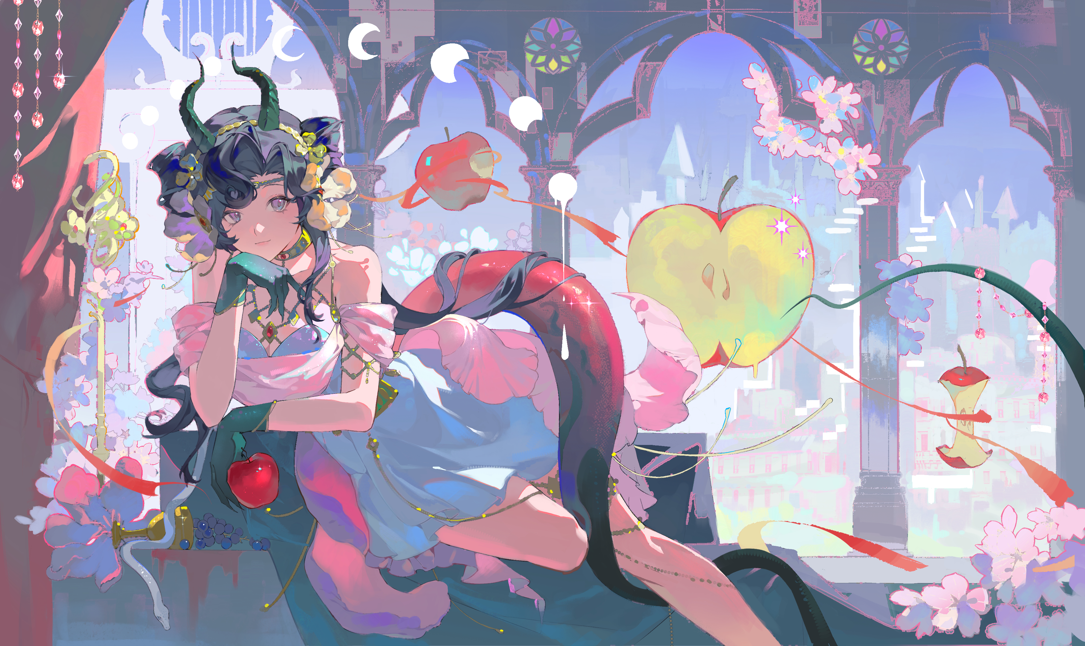 anjo nala, anjo nala (forbidden fruit), reverse:1999, absurdres, chinese commentary, commentary request, highres, 1girl, apple, bitten apple, black hair, castle, cup, demon girl, demon horns, dress, flower, food, food bite, foot out of frame, fruit, gloves, gold choker, grapes, green gloves, green horns, hair flower, hair ornament, hand on own chin, holding, holding food, holding fruit, horns, lizard tail, long hair, looking at viewer, lying, moon phases, official alternate costume, on side, pillar, pink flower, pink tail, purple background, purple eyes, short dress, smile, solo, tail, white dress, white flower, zhikao baobaodan