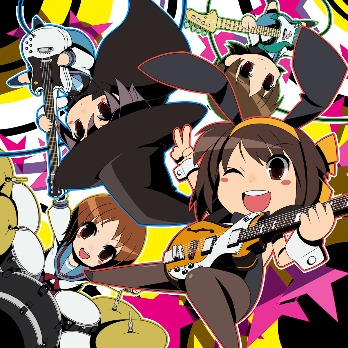 hajime (hajime-ill-1st), nagato yuki, okajima mizuki, suzumiya haruhi, zaizen mai, suzumiya haruhi no yuuutsu, bad id, bad pixiv id, highres, 00s, 4girls, animal ears, brown eyes, brown hair, cape, chibi, drum, drum set, enoz, fake animal ears, guitar, hair ribbon, hat, instrument, multiple girls, one eye closed, pantyhose, playboy bunny, rabbit ears, ribbon, school uniform, serafuku, short hair, v, wink, witch, witch hat