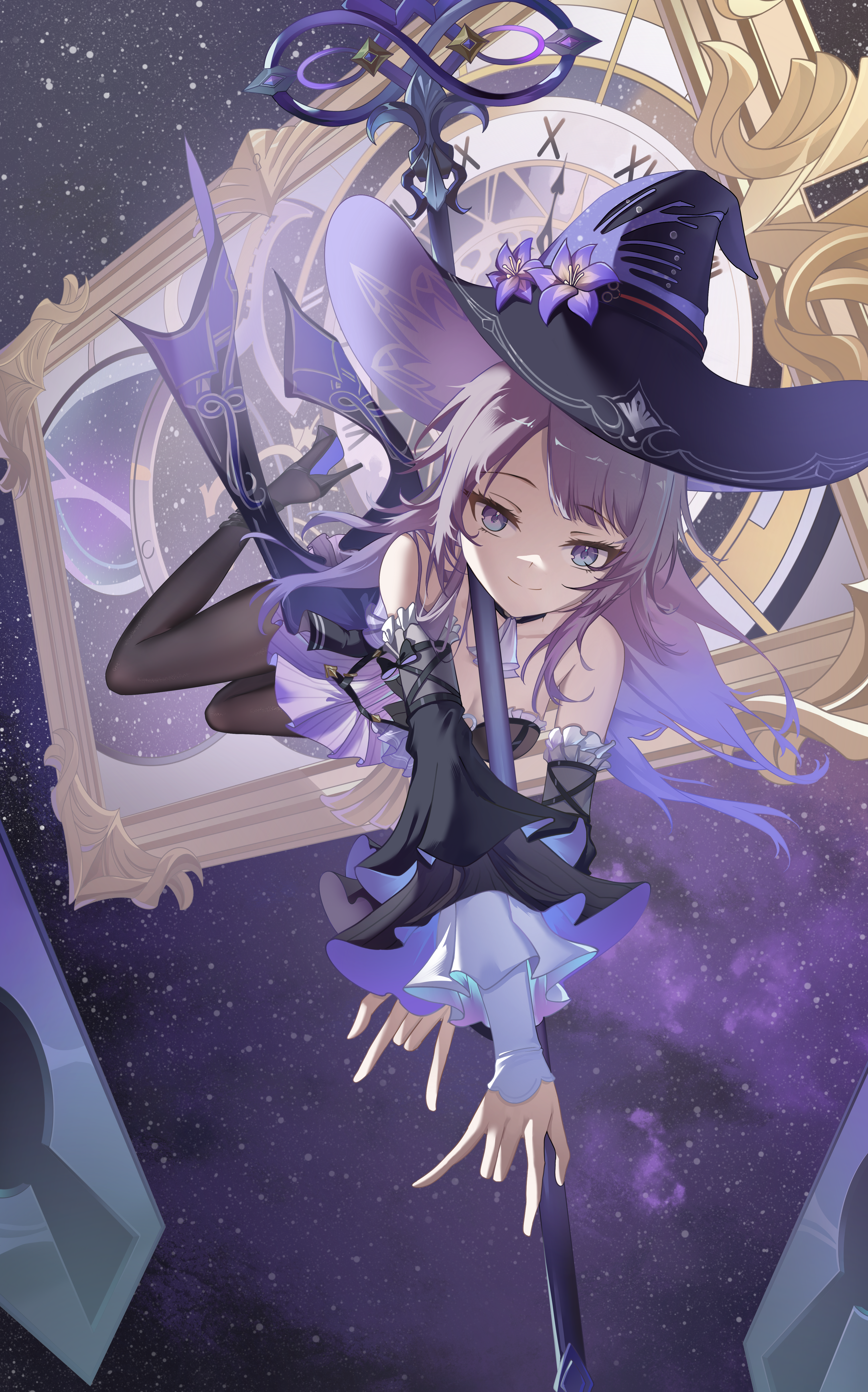 liangfangliangfangliang, herta (honkai: star rail), the herta (honkai: star rail), honkai: star rail, honkai (series), absurdres, chinese commentary, commentary request, highres, 1girl, m/, ascot, bare shoulders, black dress, black hat, black pantyhose, black shoes, blunt bangs, breasts, cleavage, clock, closed mouth, collarbone, detached sleeves, dress, eyelashes, floating hair, flower, frilled dress, frilled sleeves, frills, full body, hair over shoulder, hat, hat flower, high heels, long hair, long sleeves, looking at viewer, medium breasts, nail polish, outstretched arms, pantyhose, purple eyes, purple flower, purple hair, shoes, short dress, sidelighting, sidelocks, smile, solo, split mouth, strapless, strapless dress, white ascot, wide sleeves, witch, witch hat
