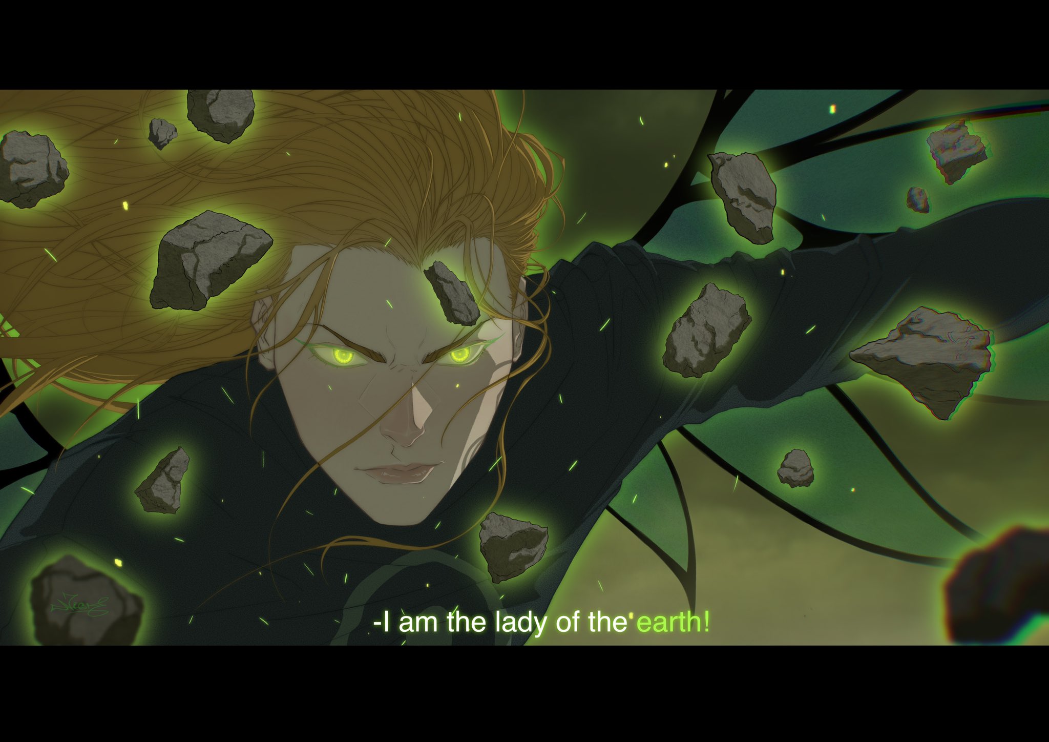 artnikita, cornelia hale, w.i.t.c.h., commentary, english commentary, highres, 1girl, blonde hair, closed mouth, english text, fairy wings, floating hair, letterboxed, long hair, long sleeves, looking at viewer, solo, wind, wings