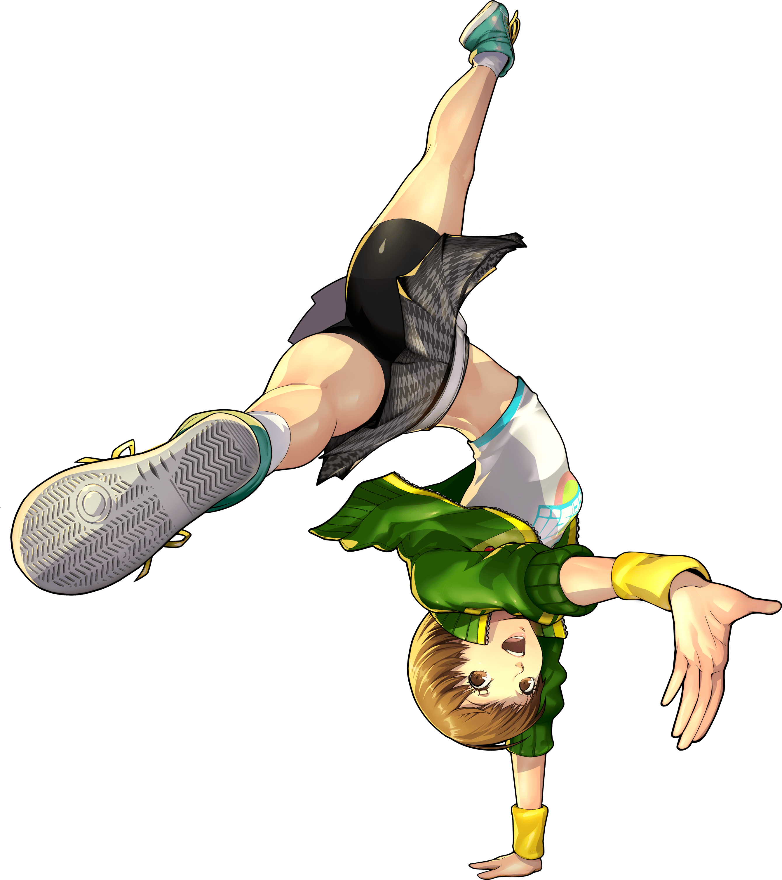 satonaka chie, persona, persona 4, persona 4: dancing all night, persona dancing, absurdres, highres, official art, third-party source, 1girl, bike shorts, breasts, brown eyes, brown hair, crop top, dancing, foreshortening, full body, green jacket, handstand, houndstooth, jacket, midriff, one arm handstand, open clothes, open jacket, open mouth, oribe hanako, pleated skirt, shoes, short hair, skirt, small breasts, smile, sneakers, socks, solo, sweatband, transparent background, upside-down, wristband