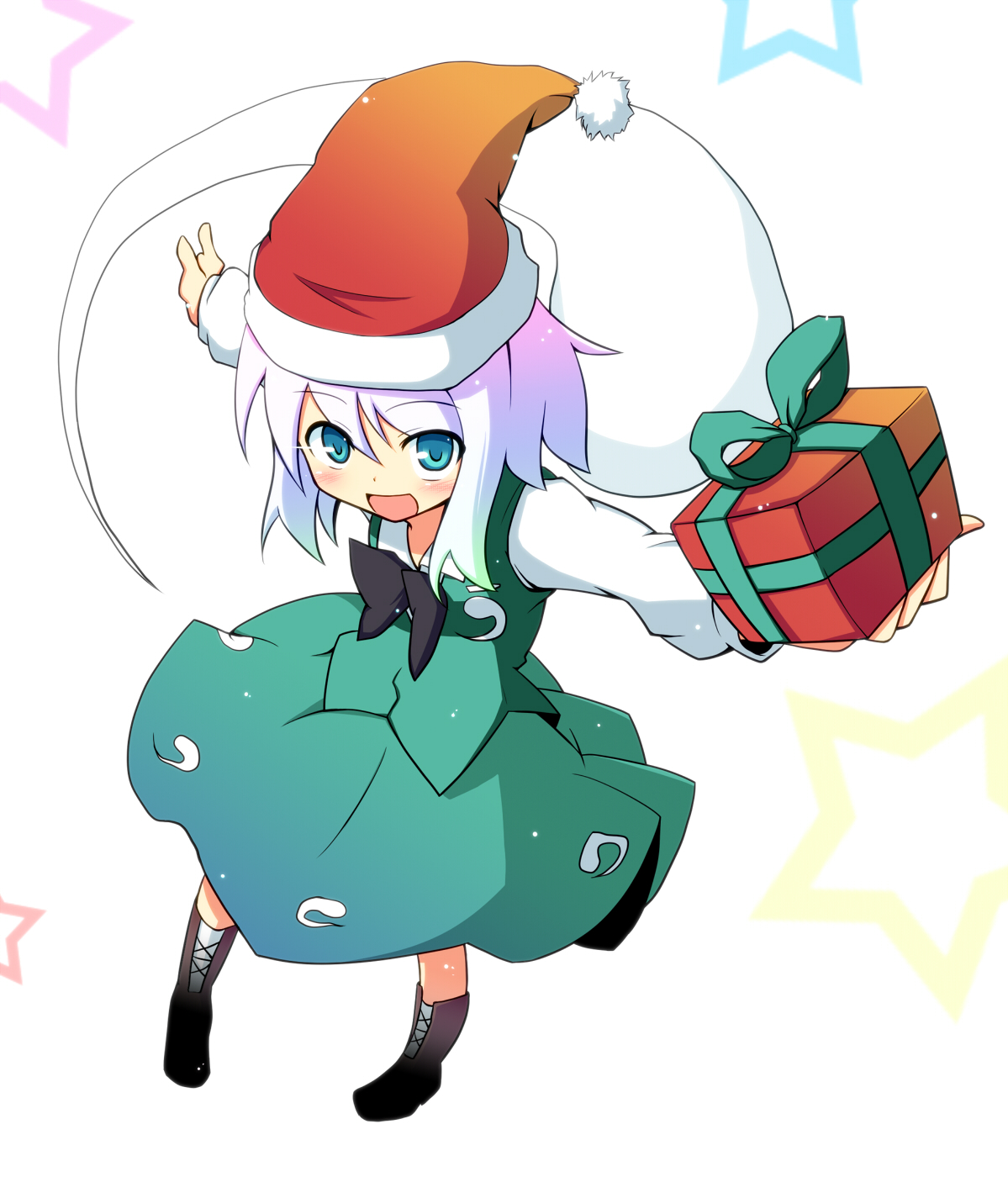 hinata ichi, konpaku youmu, konpaku youmu (ghost), touhou, bad id, bad pixiv id, highres, 1girl, blue eyes, blush, female focus, gift, hitodama, holding, holding gift, solo, white hair