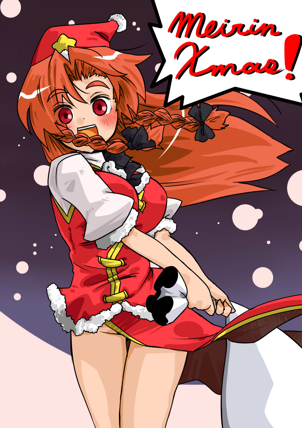 seki (red shine), hong meiling, touhou, highres, 1girl, blush, bow, braid, christmas, female focus, groin, hair bow, hat, pun, red eyes, red hair, sack, santa costume, santa hat, solo, twin braids