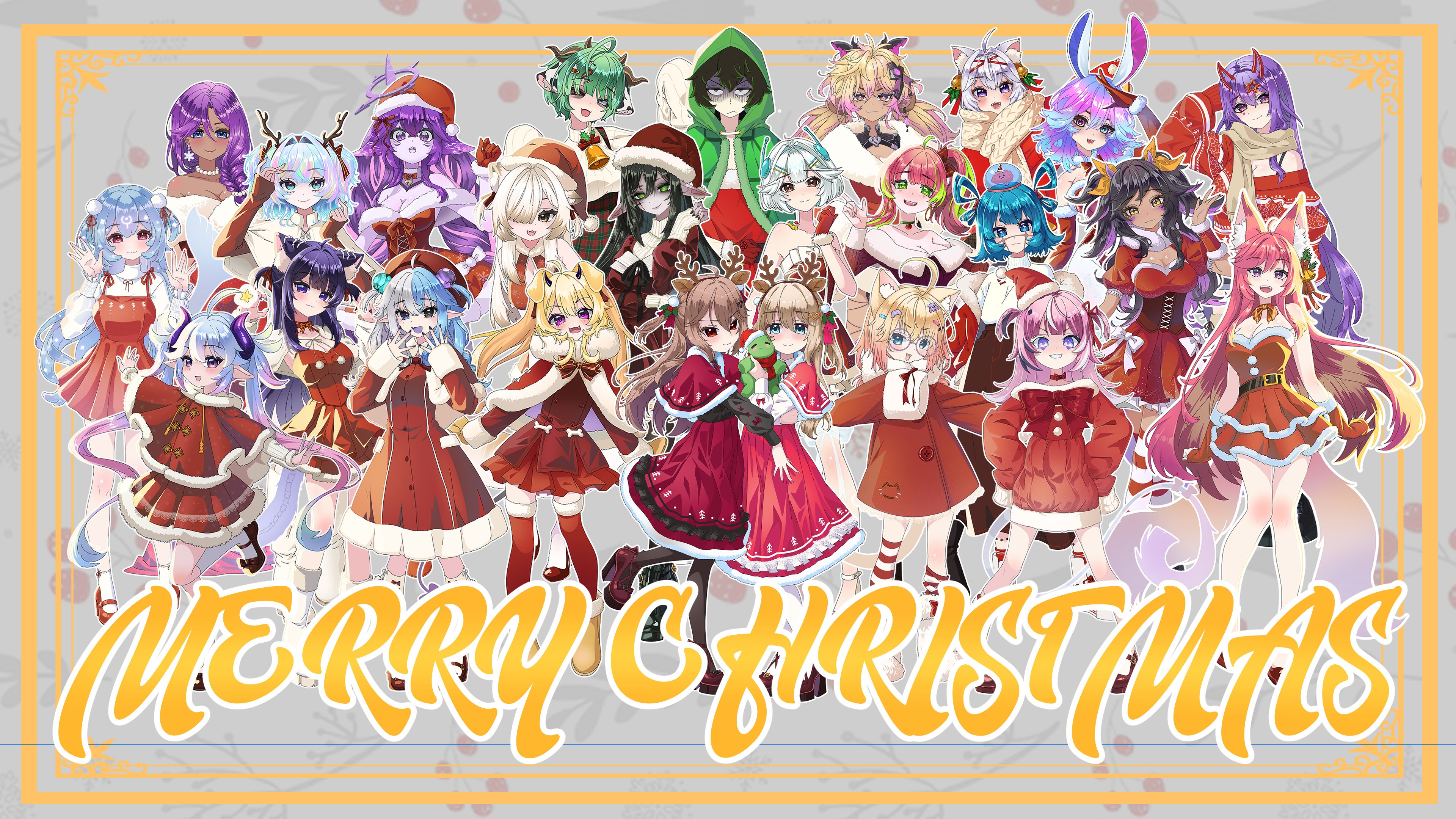 akuma nihmune, aquwa, bao the whale, camila (vtuber), cerber (vtuber), cha cha (vtuber), cottontail (vtuber), crelly, cweamcat, ellie minibot, evil neuro-sama, filian (vtuber), hanakyo, koko d. nuts, layna lazar, megalodon (vtuber), minikomew, nekrolina, neuro-sama, rindo (vrchat), slice of toma, vedal987, yuy (vtuber), indie virtual youtuber, vedal ai, huge bowtie, absurdres, commentary, english commentary, highres, 2boys, 6+girls, ahoge, anger vein, animal ear fluff, animal ears, antlers, arm under breasts, arm up, arms up, ball, bare shoulders, bead necklace, beads, bell, black boots, black bow, black bowtie, black choker, black eyes, black hair, black horns, black nails, black pantyhose, black shirt, black shoes, black thighhighs, blonde hair, blue eyes, blue hair, blue nails, blush, bone tail, boots, border, bow, bowtie, brain, breasts, broken heart, broken heart hair ornament, brown eyes, brown hair, brown skirt, capelet, cat ears, cat girl, cat tail, cetacean tail, choker, chrchie, christmas, cleavage, cleavage cutout, closed mouth, clothing cutout, coat, codebug (ellie minibot), colored skin, colored tips, colored tongue, controller hair ornament, corset, cow ears, cow girl, cow horns, cross-shaped pupils, crossed legs, cyborg, dark-skinned female, dark skin, deer ears, demon girl, demon horns, demon tail, denim, detached sleeves, dog ears, dog girl, dress, dress bow, earrings, exposed brain, facial mark, fangs, fins, fish tail, folded twintails, footwear bow, fox ears, fox girl, fox tail, from side, full body, fur-trimmed boots, fur-trimmed capelet, fur-trimmed dress, fur-trimmed gloves, fur-trimmed hoodie, fur-trimmed jacket, fur-trimmed leotard, fur-trimmed sleeves, fur-trimmed thighhighs, fur boots, fur trim, gloom (expression), gloves, gradient hair, green eyes, green hair, green hoodie, green shorts, grin, hair beads, hair bell, hair between eyes, hair bow, hair intakes, hair ornament, hair over one eye, hair ribbon, hair tie, hairclip, halo around horn, hand up, hands on own hips, hands up, hat, heart, heart hair ornament, heterochromia, high-waist skirt, high heel boots, high heels, hood, hoodie, horns, hug, huge ahoge, index finger raised, indoors, iridescent hair, jacket, jewelry, kitsunero, lace-up boots, large breasts, leg bow, legs, leotard, long dress, long hair, long skirt, long sleeves, looking at viewer, mark under both eyes, mechanical arms, medium dress, medium hair, medium skirt, merry christmas, messy hair, miniskirt, monkey ears, monkey girl, multicolored hair, multiple boys, multiple girls, nail polish, neck bell, neck ribbon, neckerchief, necklace, official alternate hair length, official alternate hairstyle, open clothes, open jacket, open mouth, orca girl, ornate border, pantyhose, personification, pink eyes, pink hair, plaid clothes, plaid skirt, platform heels, pleated dress, pointy ears, pom pom (clothes), pom pom hair ornament, ponytail, puffy short sleeves, puffy sleeves, purple eyes, purple hair, purple horns, purple nails, purple skin, purple tongue, rabbit ears, red boots, red bow, red bowtie, red capelet, red choker, red coat, red corset, red dress, red eyes, red gloves, red hat, red horns, red jacket, red leotard, red neckerchief, red ribbon, red scarf, red shirt, red shoes, red skirt, red sleeves, red sweater, red thighhighs, reindeer antlers, reptile girl, ribbon, romper, santa costume, santa dress, santa hat, scarf, see-through bow, shark girl, shark tail, shirt, shirt tucked in, shoes, shoomimi, short dress, short hair, short sleeves, shorts, siblings, signature, sisters, skirt, sleeveless, sleeveless dress, sleeveless shirt, sleeves past fingers, sleeves past wrists, small breasts, smile, socks, standing, standing on one leg, star (symbol), star hair ornament, streaked hair, striped clothes, striped socks, striped thighhighs, sweater, symbol-shaped pupils, tail, thighhighs, turtleneck, turtleneck shirt, twins, twintails, two-tone hair, two side up, very long hair, virtual youtuber, white background, white boots, white bow, white capelet, white hair, white pantyhose, white shirt, white shoes, white sleeves, white socks, white sweater, xarakura xara, yellow boots, yellow bow, yellow eyes, yellow gloves, yellow scarf